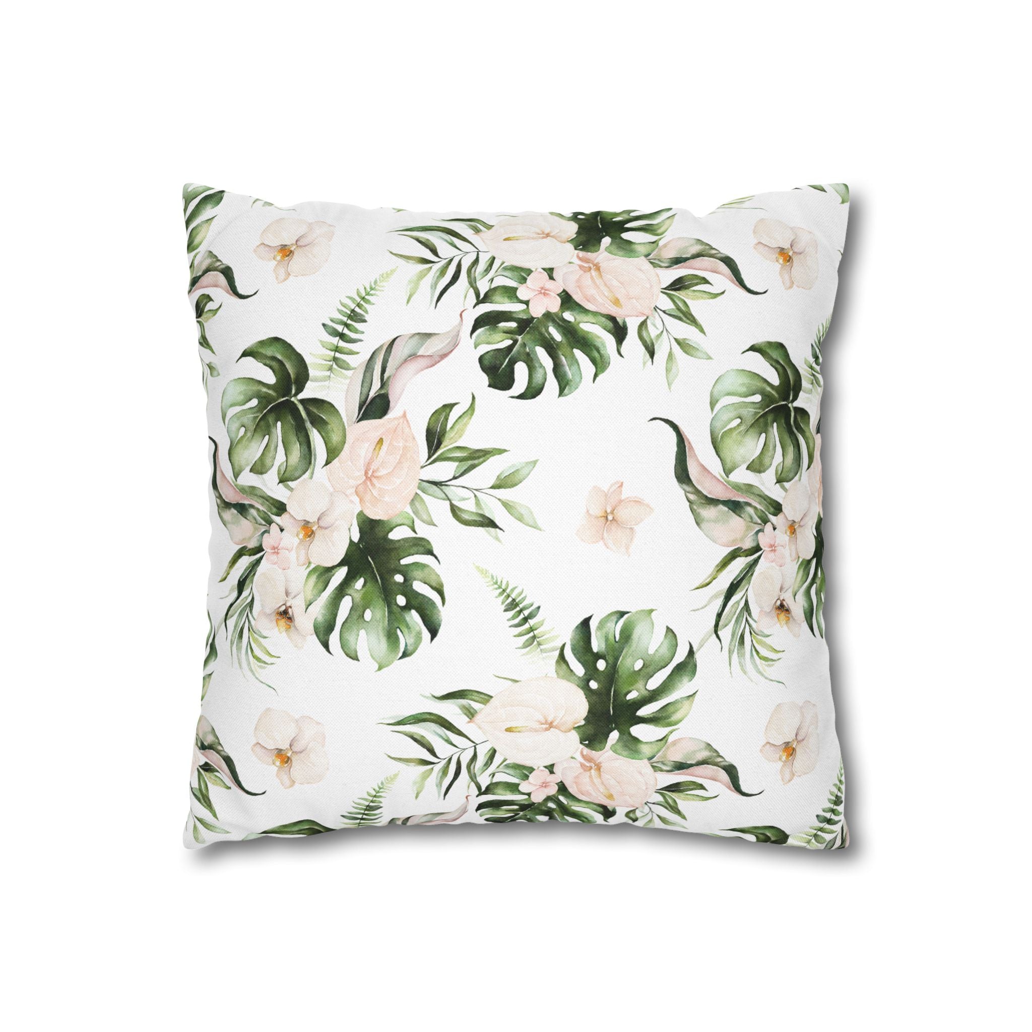 Orchids Floral Pillow Cover | White Green Monstera Tropical Leaves