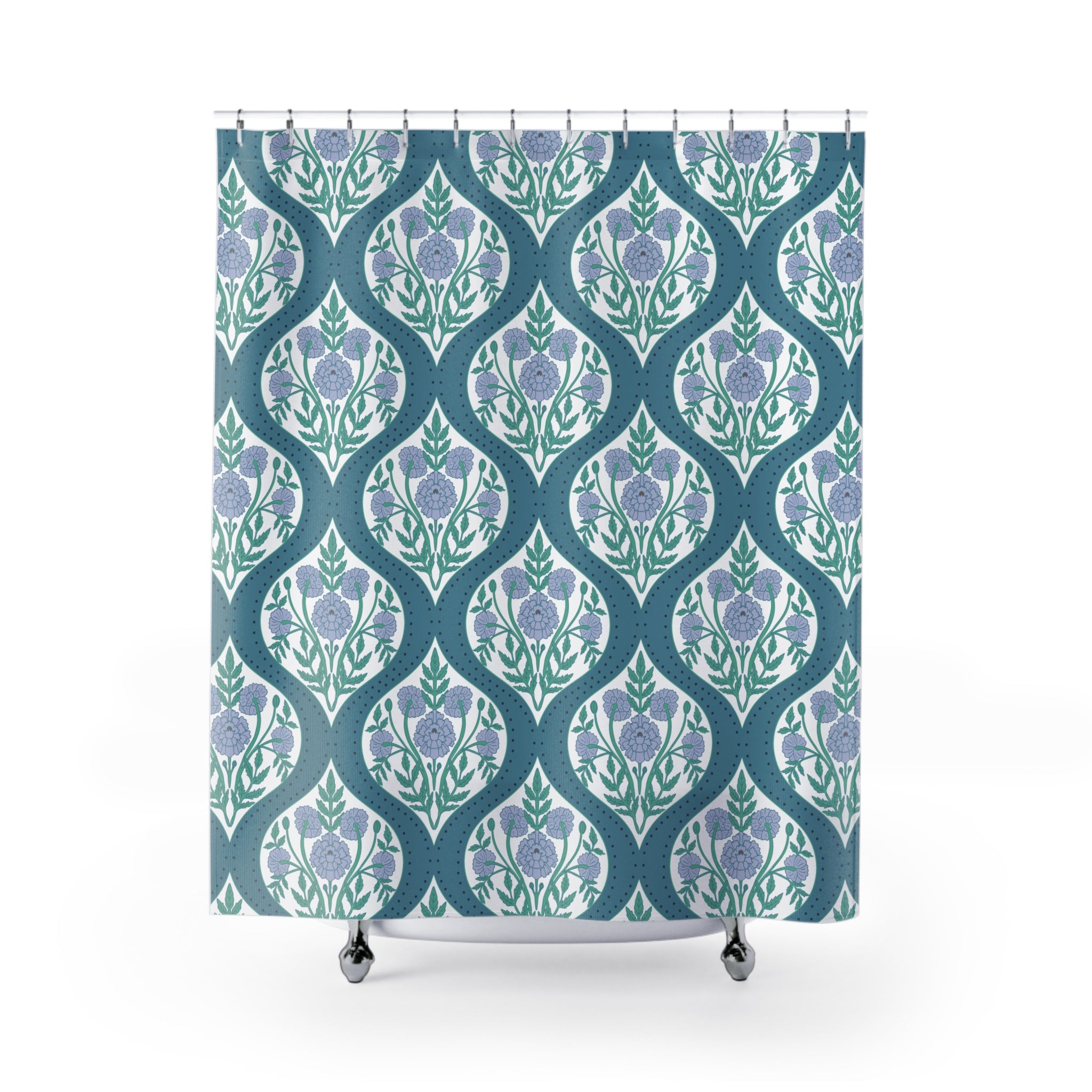 Boho Shower Curtain | Vintage Floral Blue Green Pattern