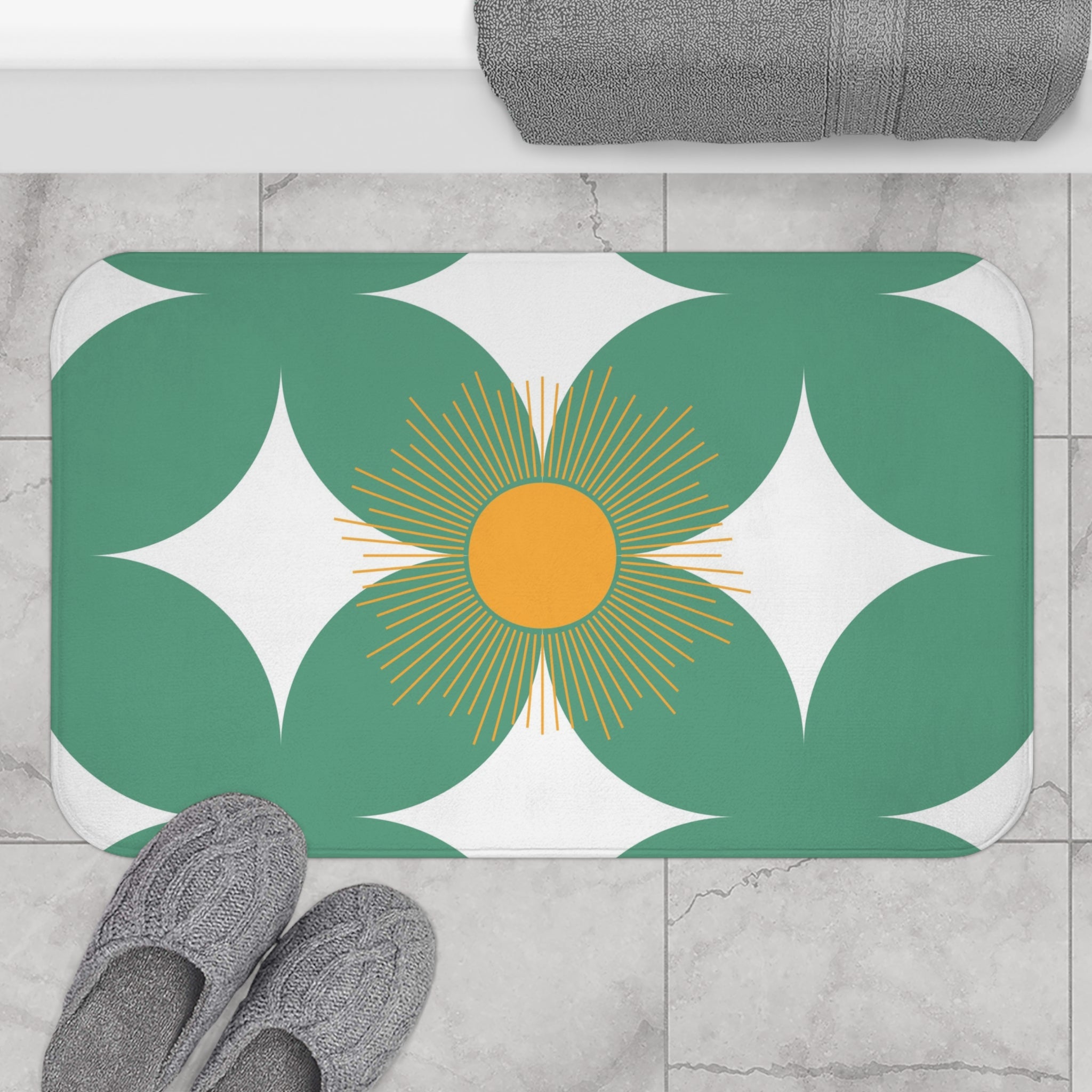 Mid Century Bath Mat, Kitchen Mat | Geometric Sage Green White, Orange Sun