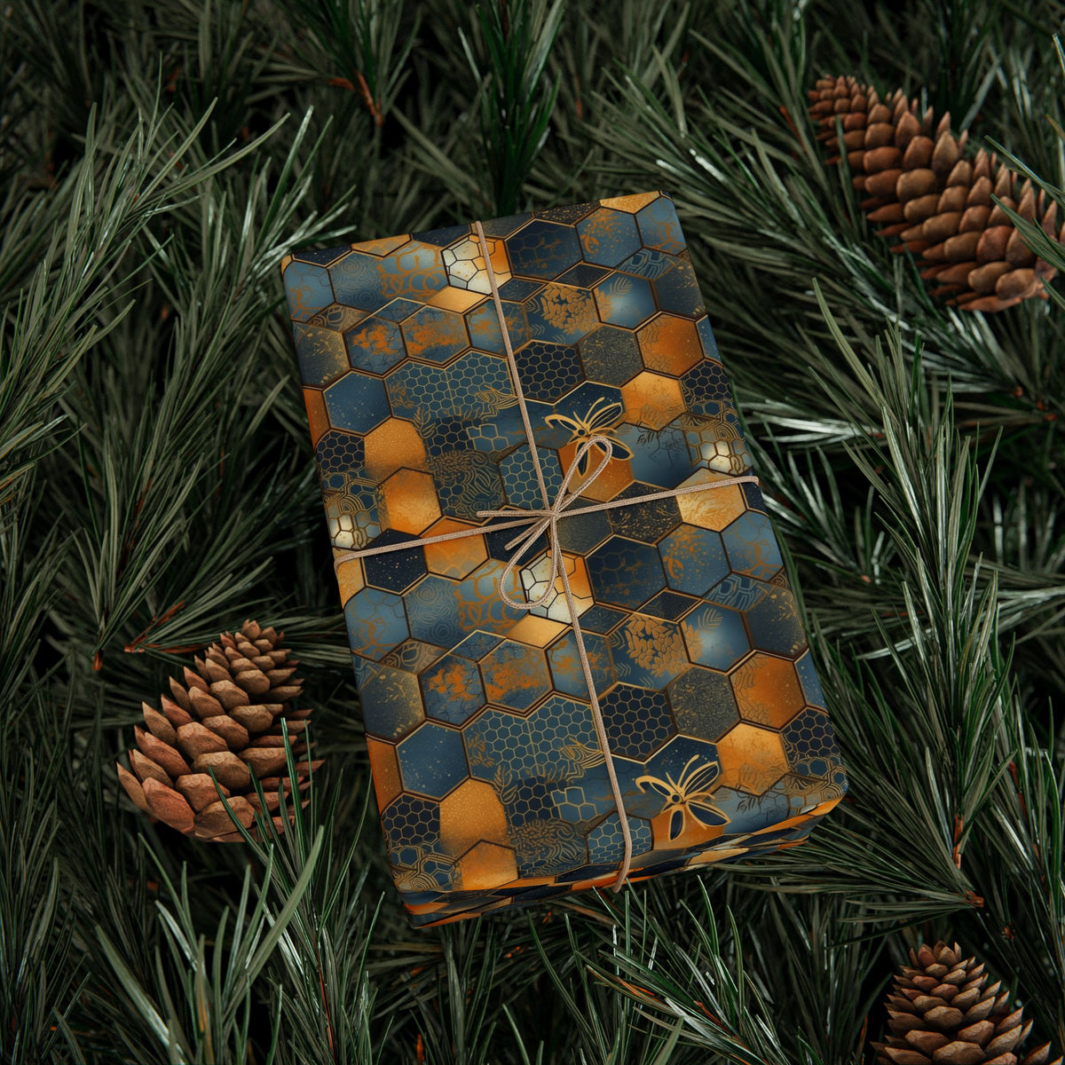 Navy Mustard Honeycomb Bee Wrapping Paper, Gift Wrap