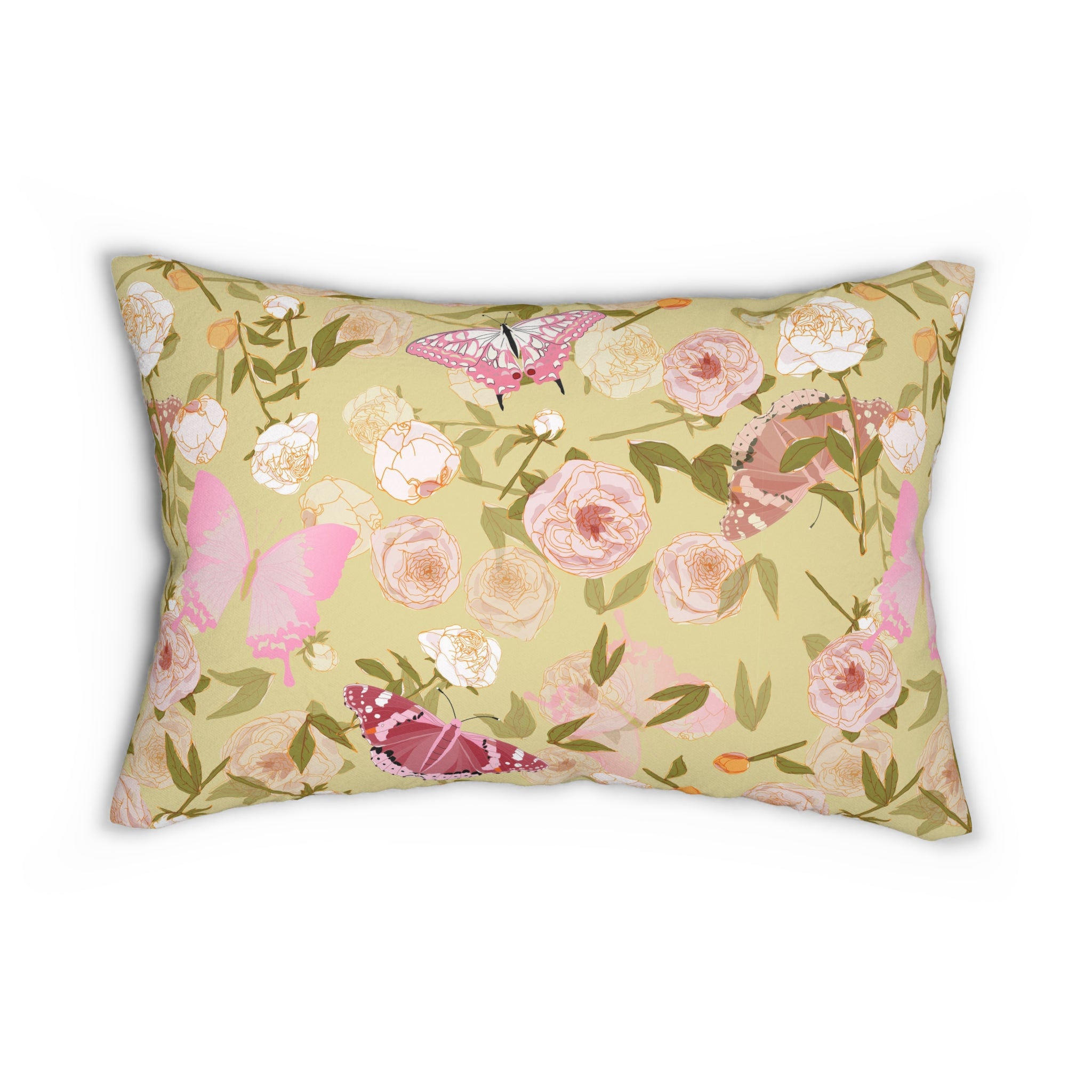 Floral Lumbar Pillow | Khaki Green, Pink Colorful Butterflies