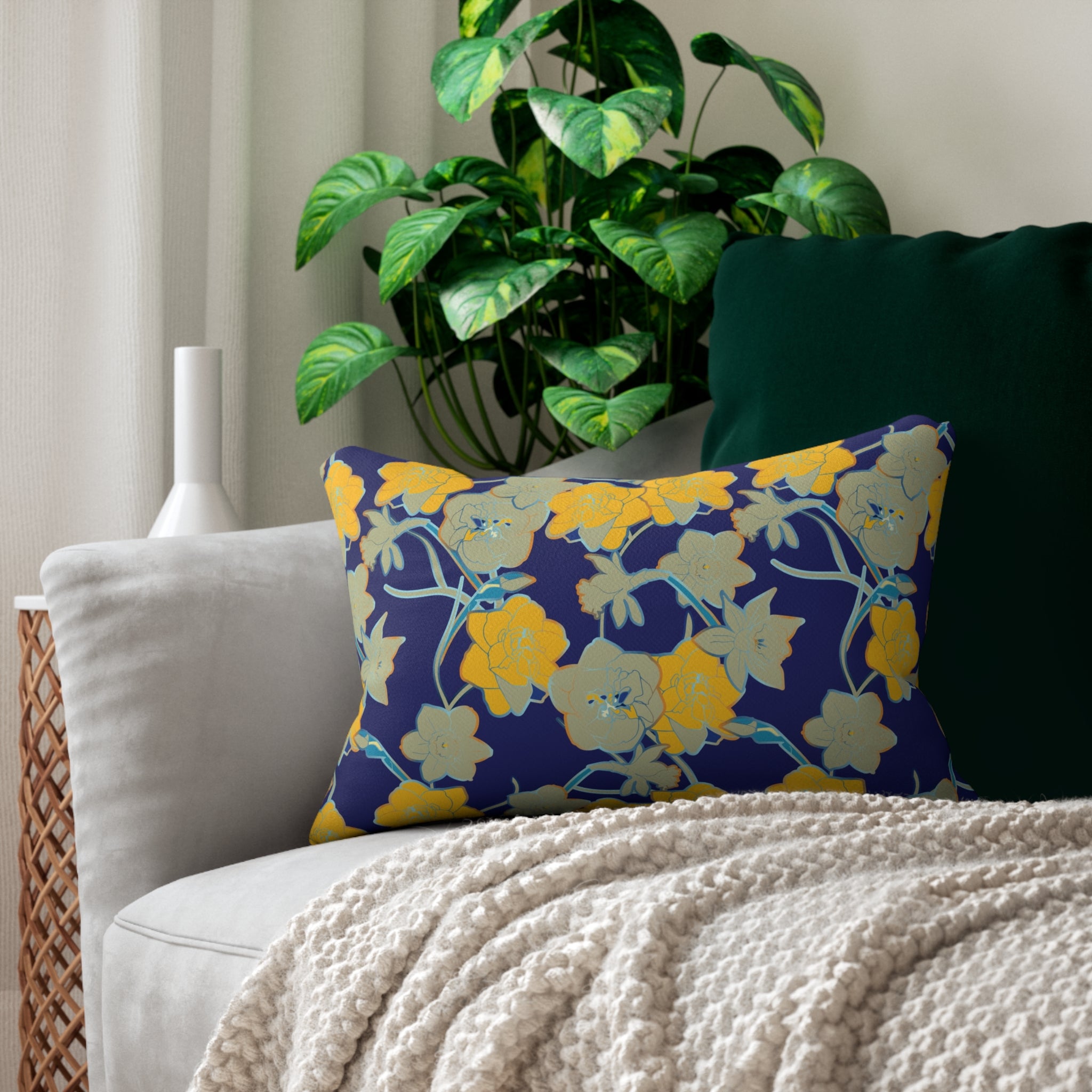 Floral Lumbar Pillow | Indigo Blue, Sage Green, Yellow Botanical