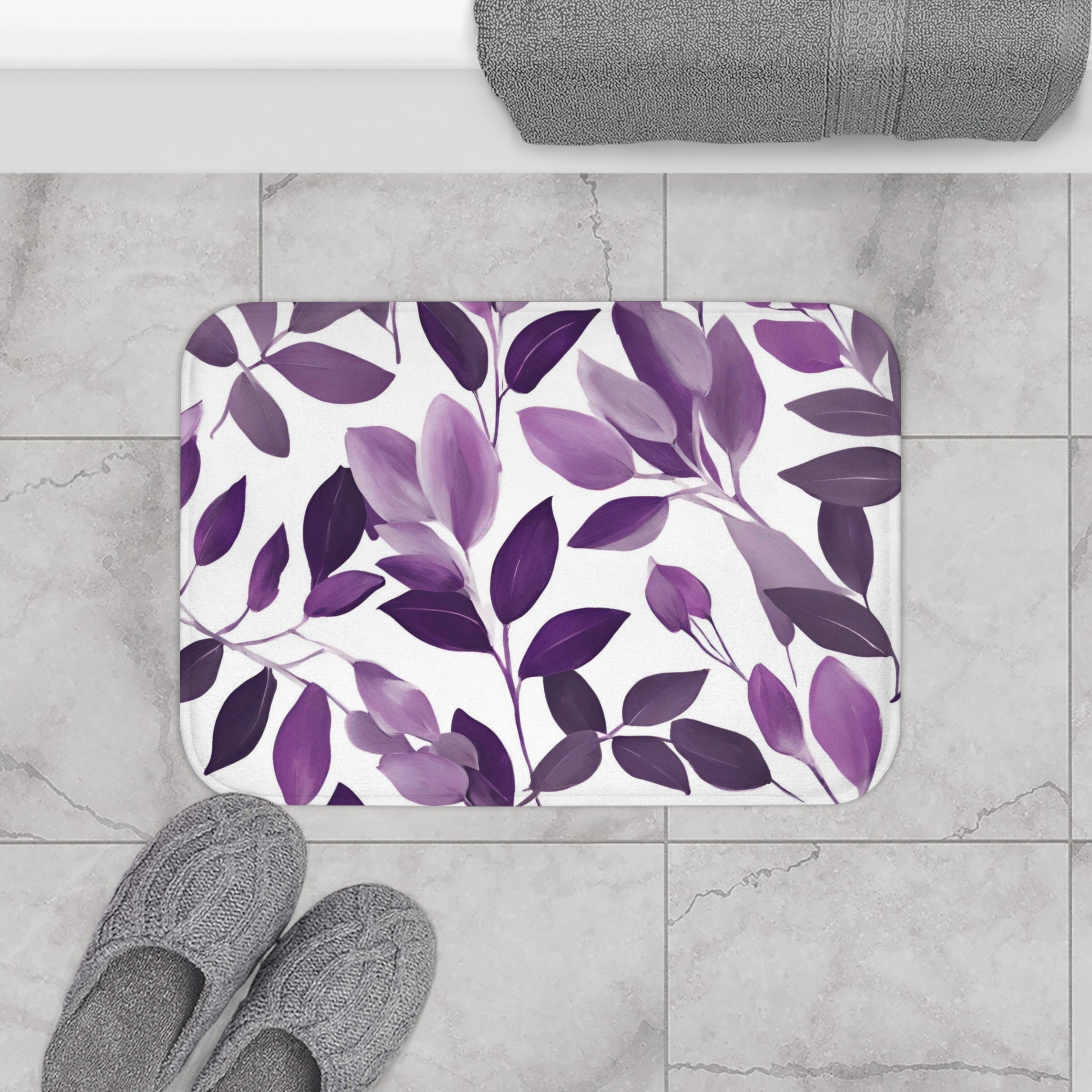 Purple Leaves Bath Mat | White Floral Kitchen Mat