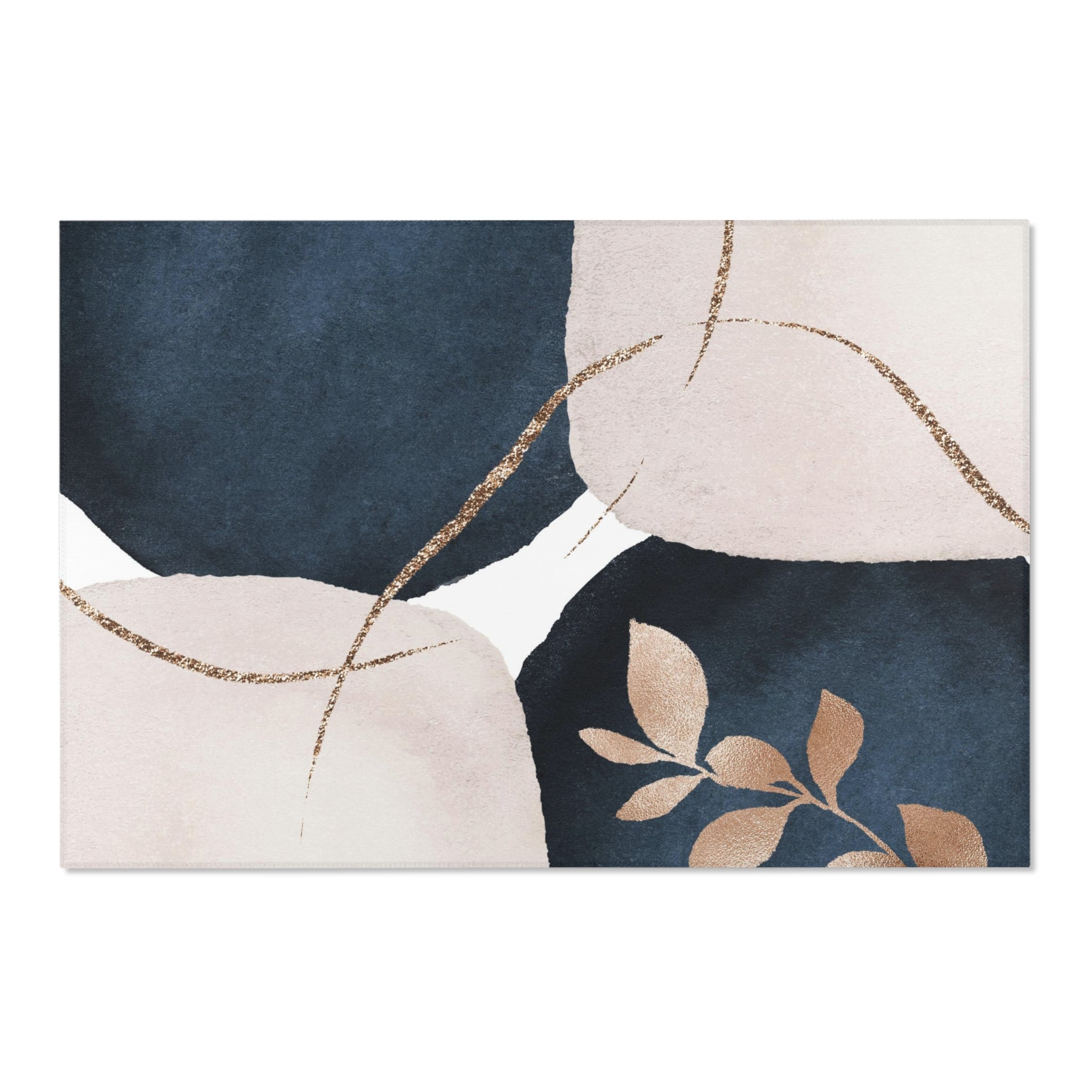 Abstract Boho Area Rug | Navy Blue, Beige Ivory Gold Leaves