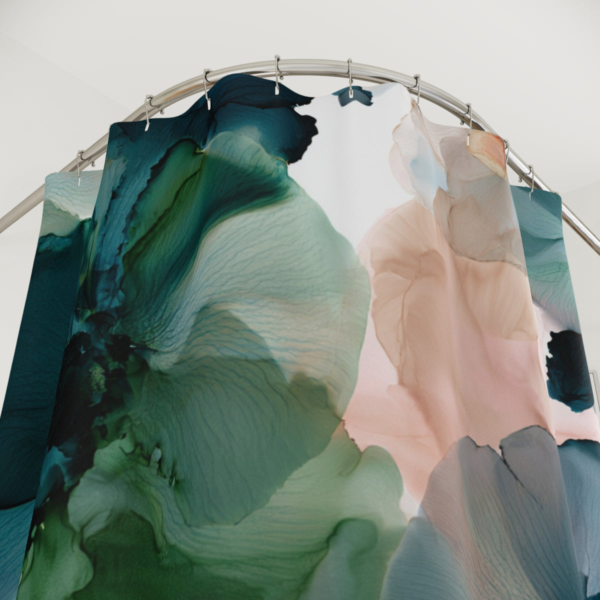 a close up of a shower curtain with flowers on it