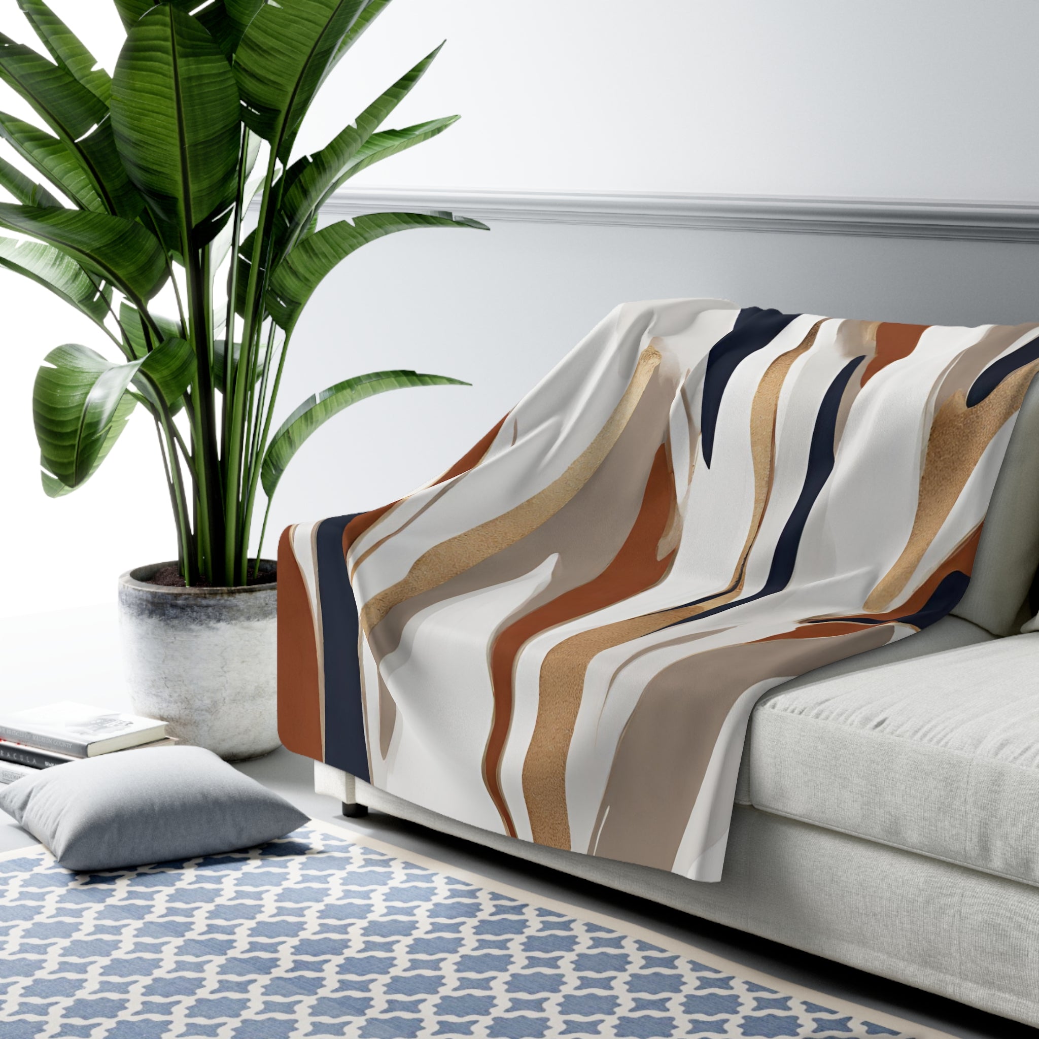 Abstract Boho Couch Throw Blanket | Beige Rust, Navy blue White