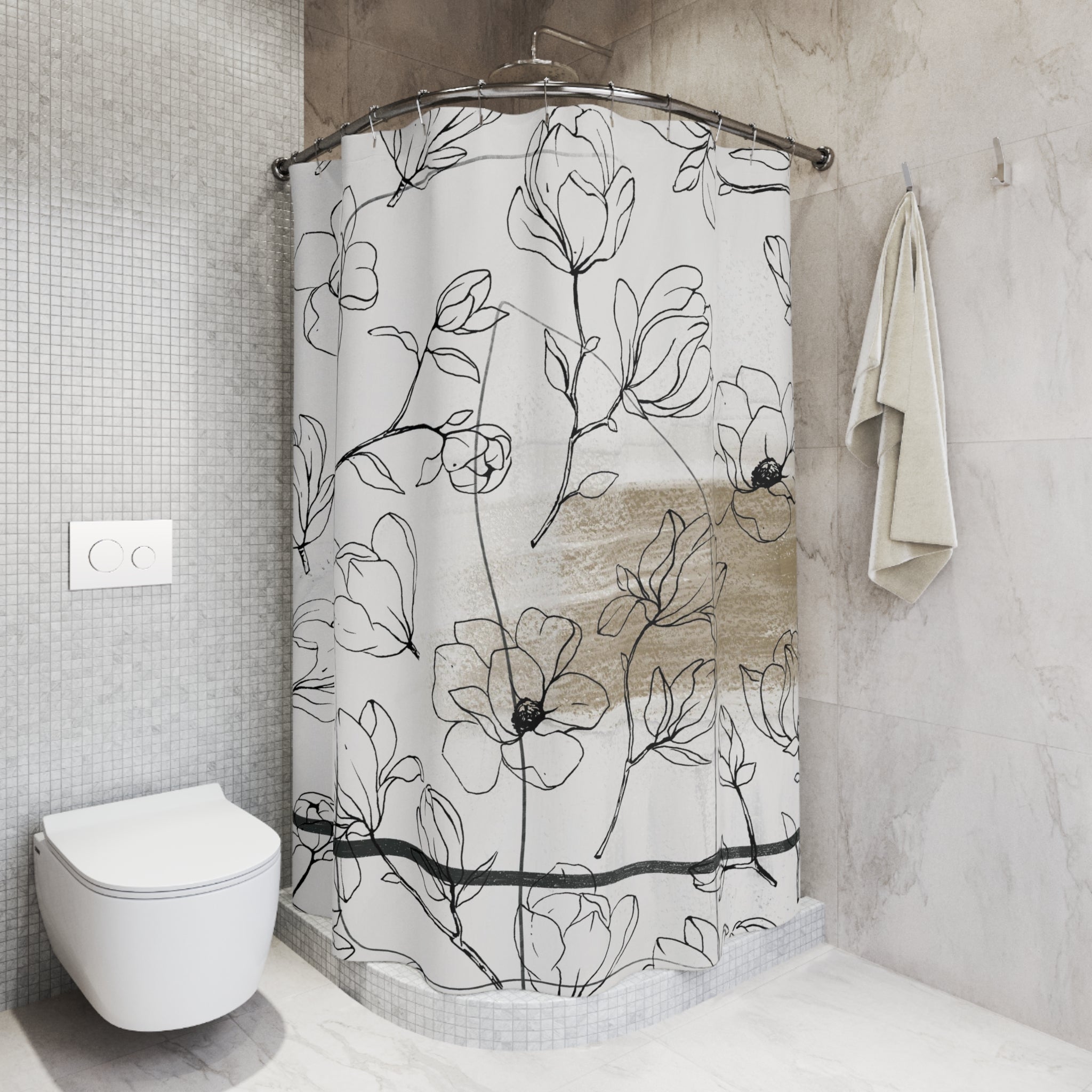 Boho Floral Shower Curtain | Bohemian Beige White Black Line Art