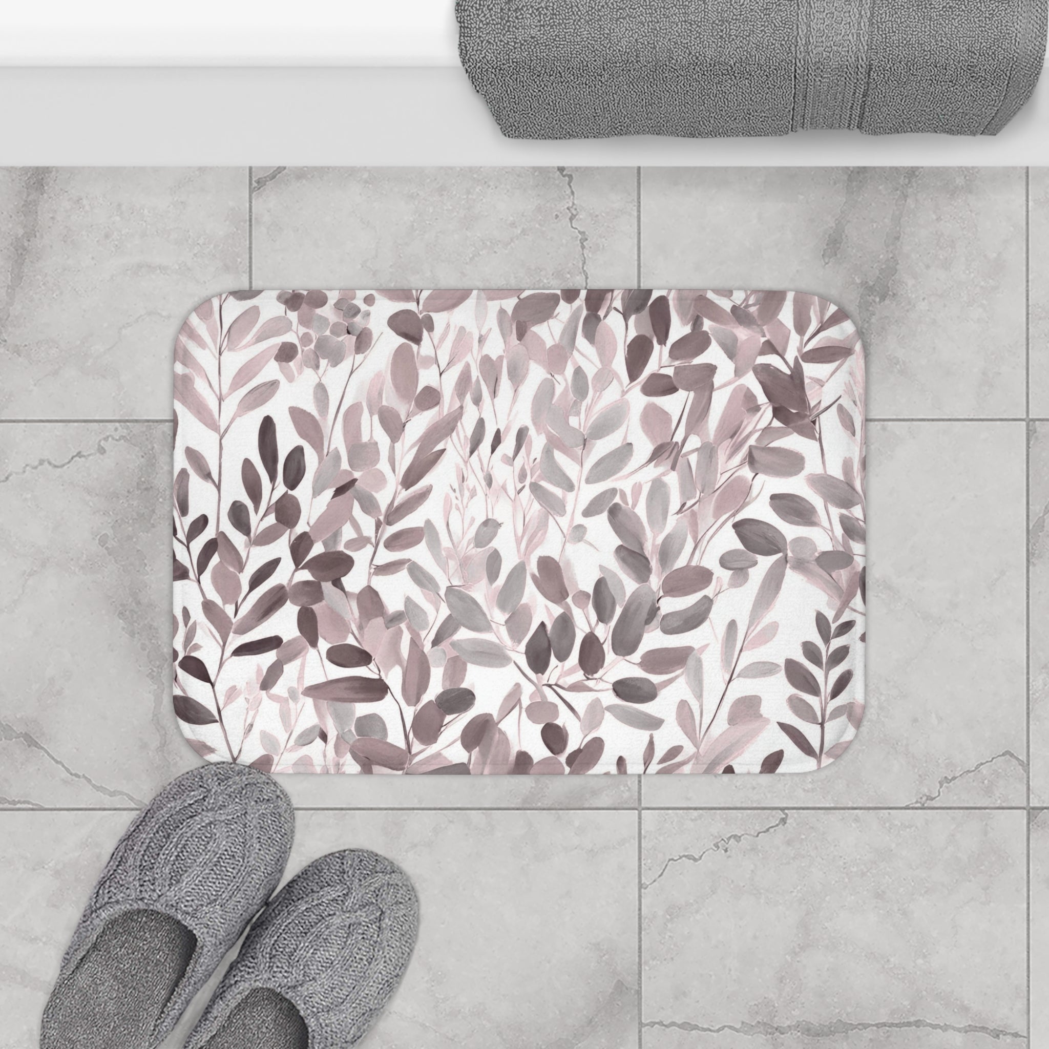 Floral Leaves Bath Mat | Grey Taupe Kitchen Mat