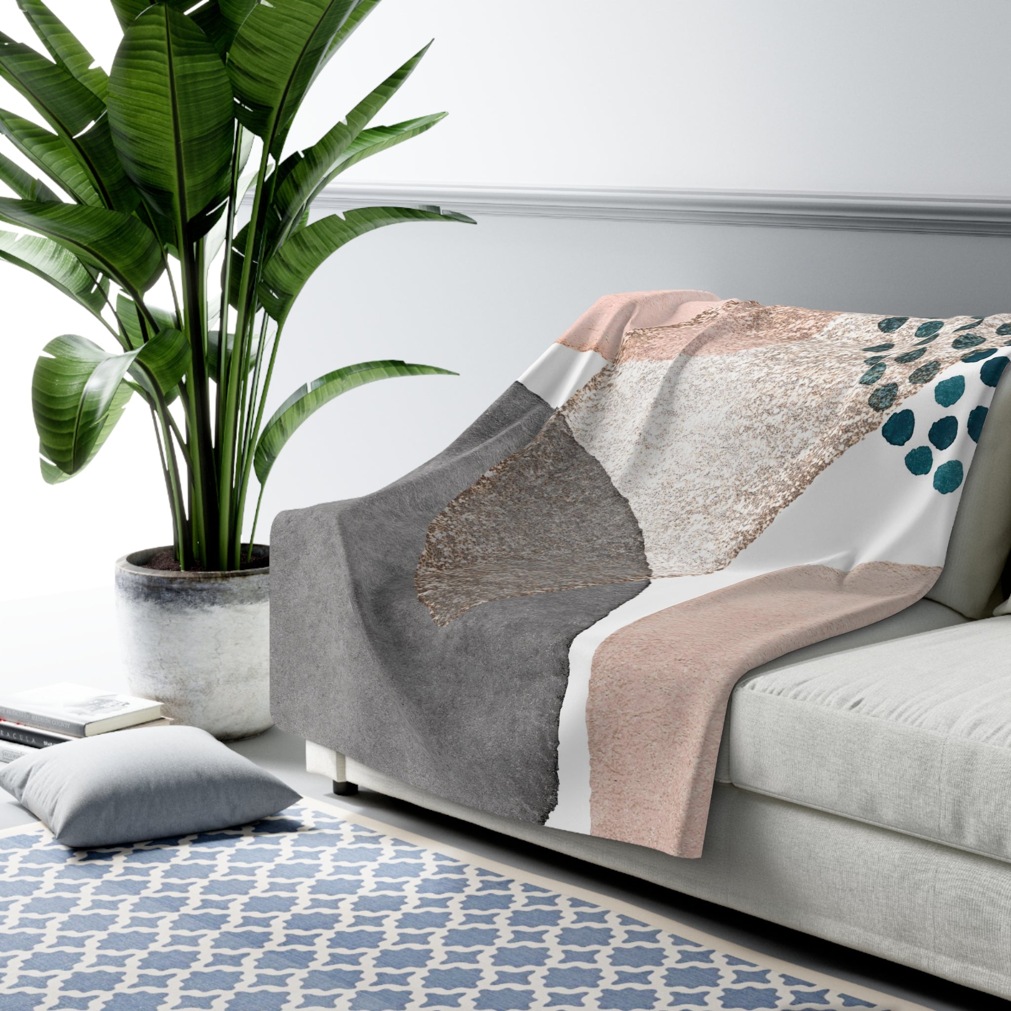 Abstract Boho Couch, Fleece Throw Blanket | Modern Blush Pink, White Beige, Grey Blue