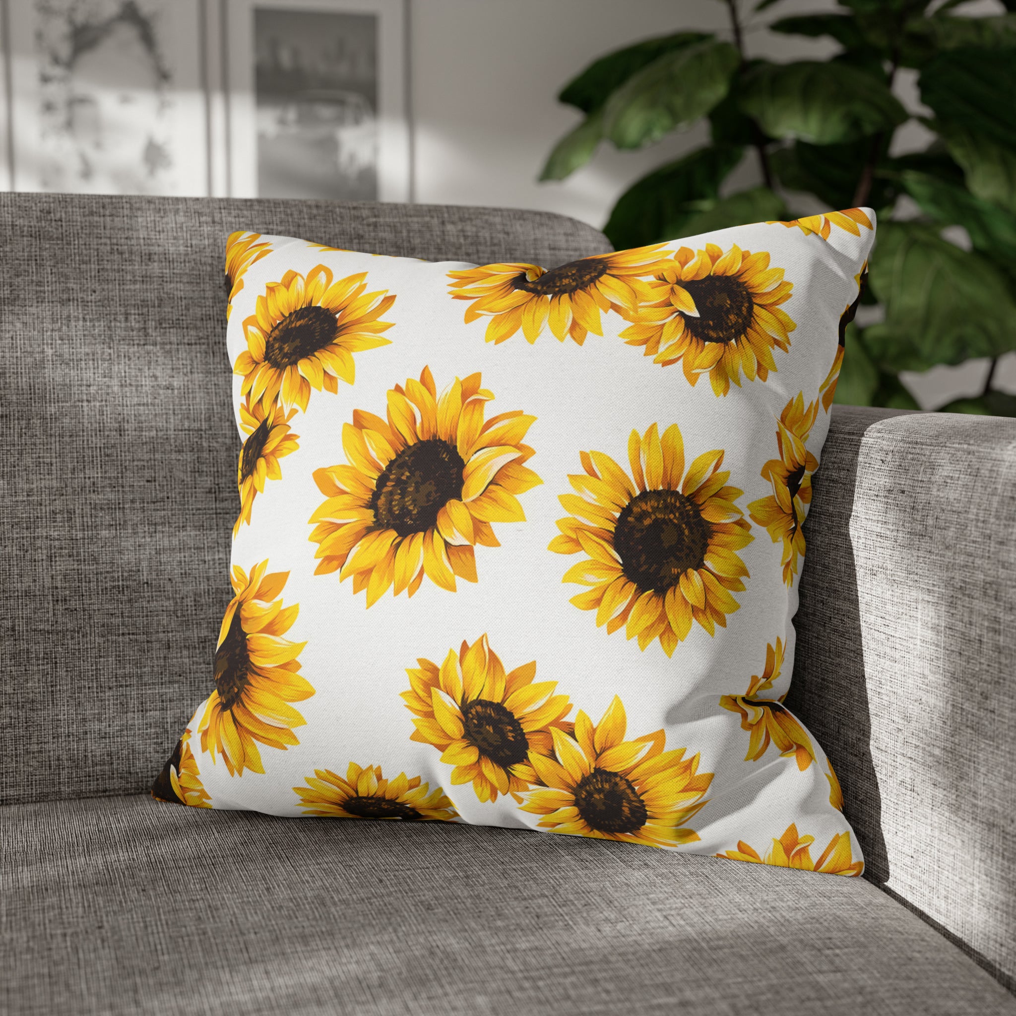 Sunflowers Throw Pillow Cover | White Yellow Minimalist Floral