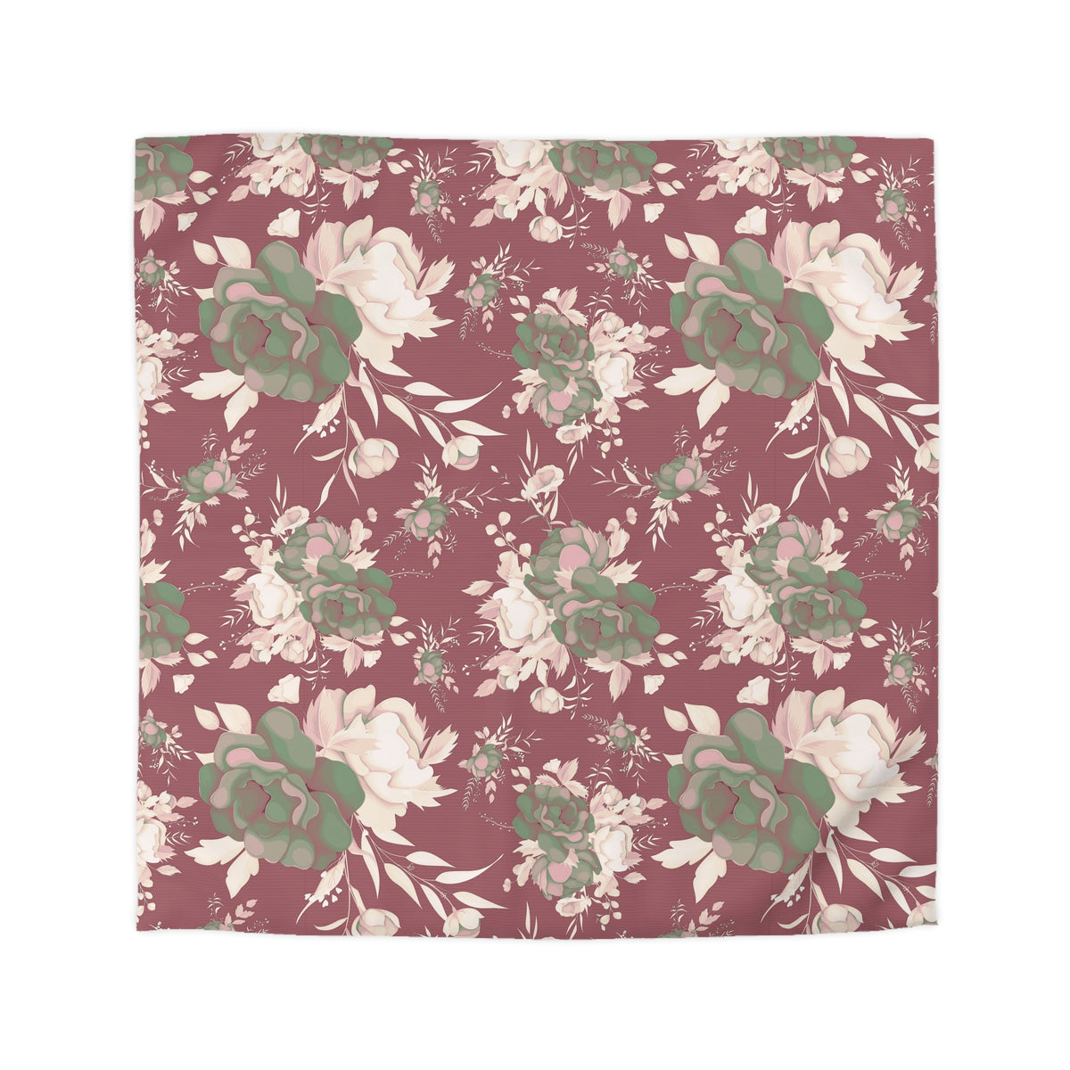 a square-shaped floral pattern with a repeating design of white and green flowers against a maroon background.