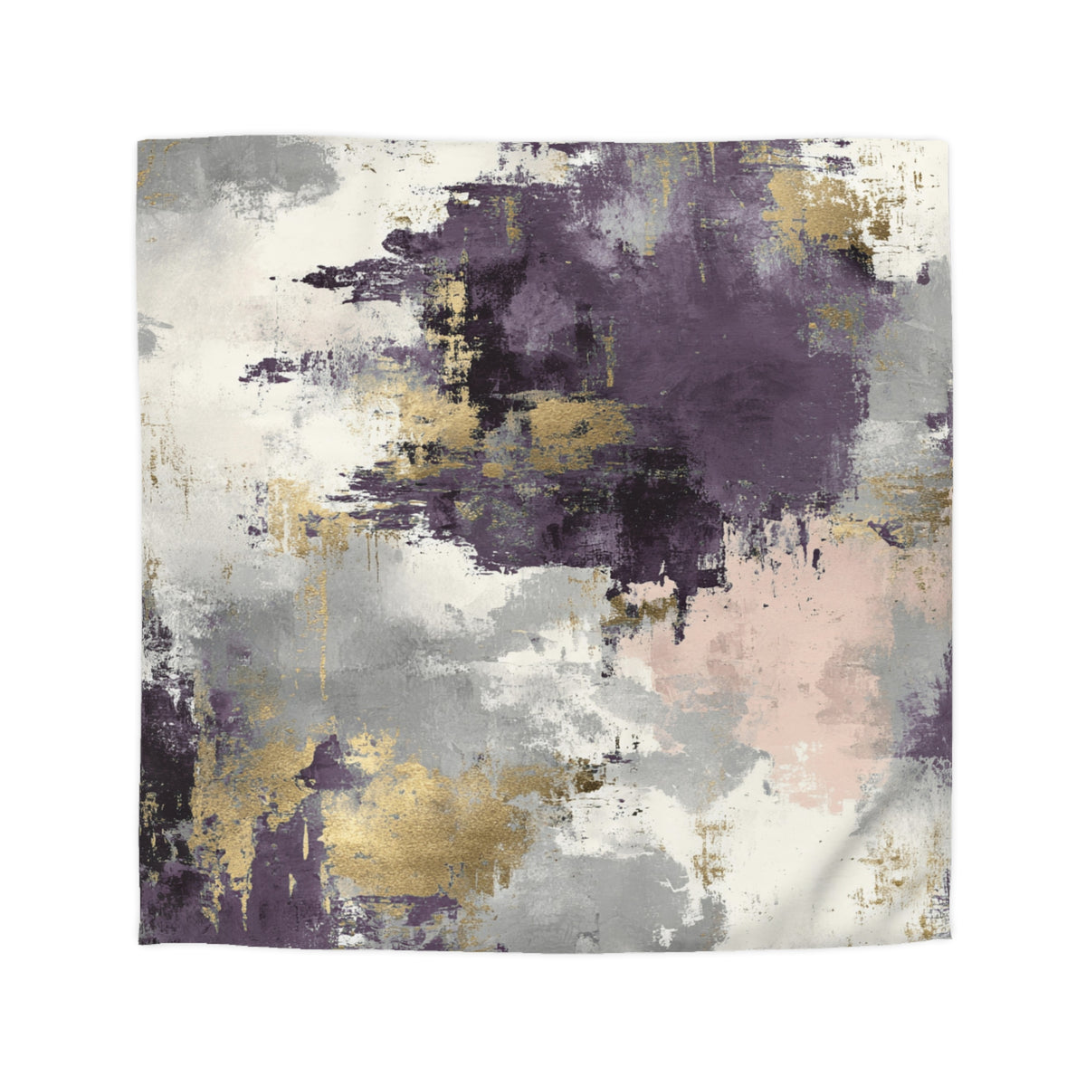 The image is an abstract painting with a mix of purple, gray, and gold colors. The painting has a textured and expressive appearance, with brushstrokes and splatters creating a dynamic and visually interesting composition.