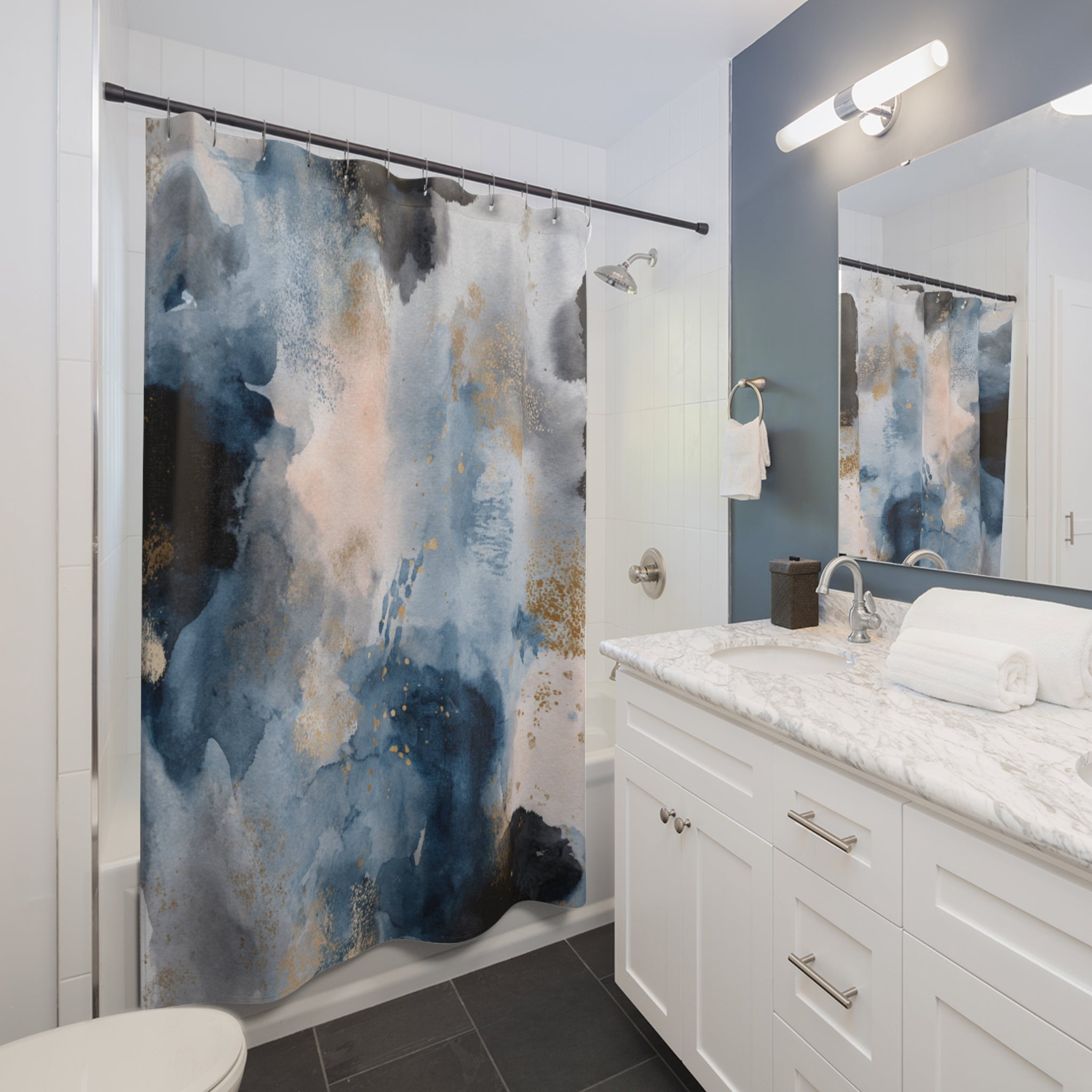 Blue Boho Shower Curtain, Bath Mat | Blush Watercolor Bathroom Set
