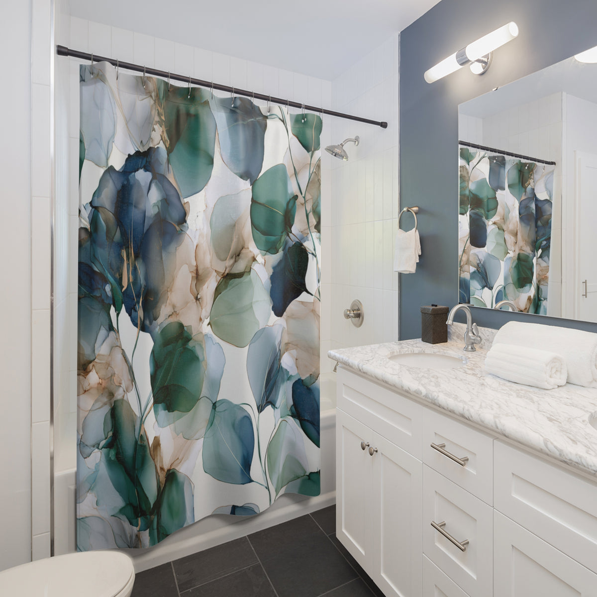 a bathroom with a shower curtain and a toilet
