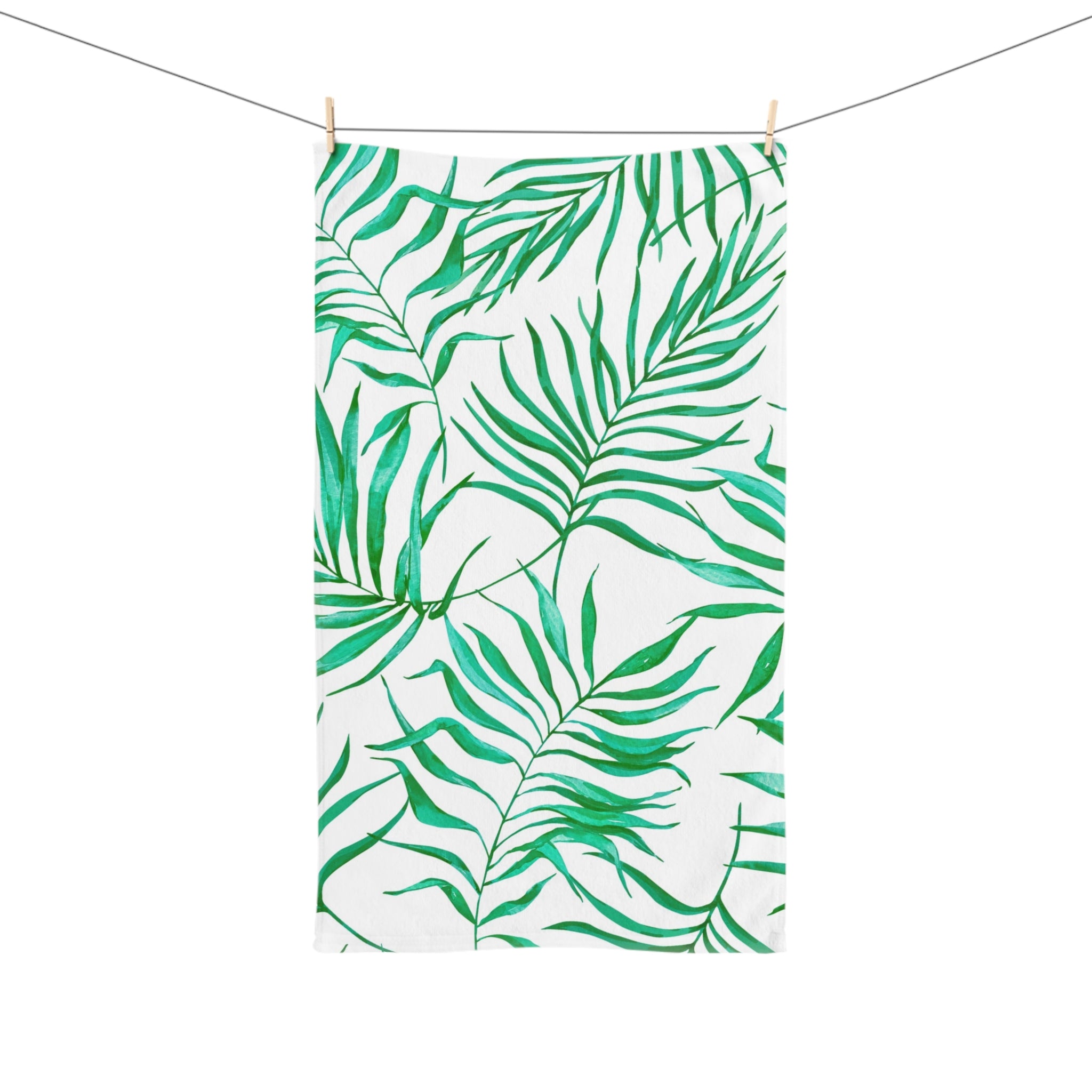 Kitchen, Bath Hand Towel | Tropical Green Palm Leaves, White