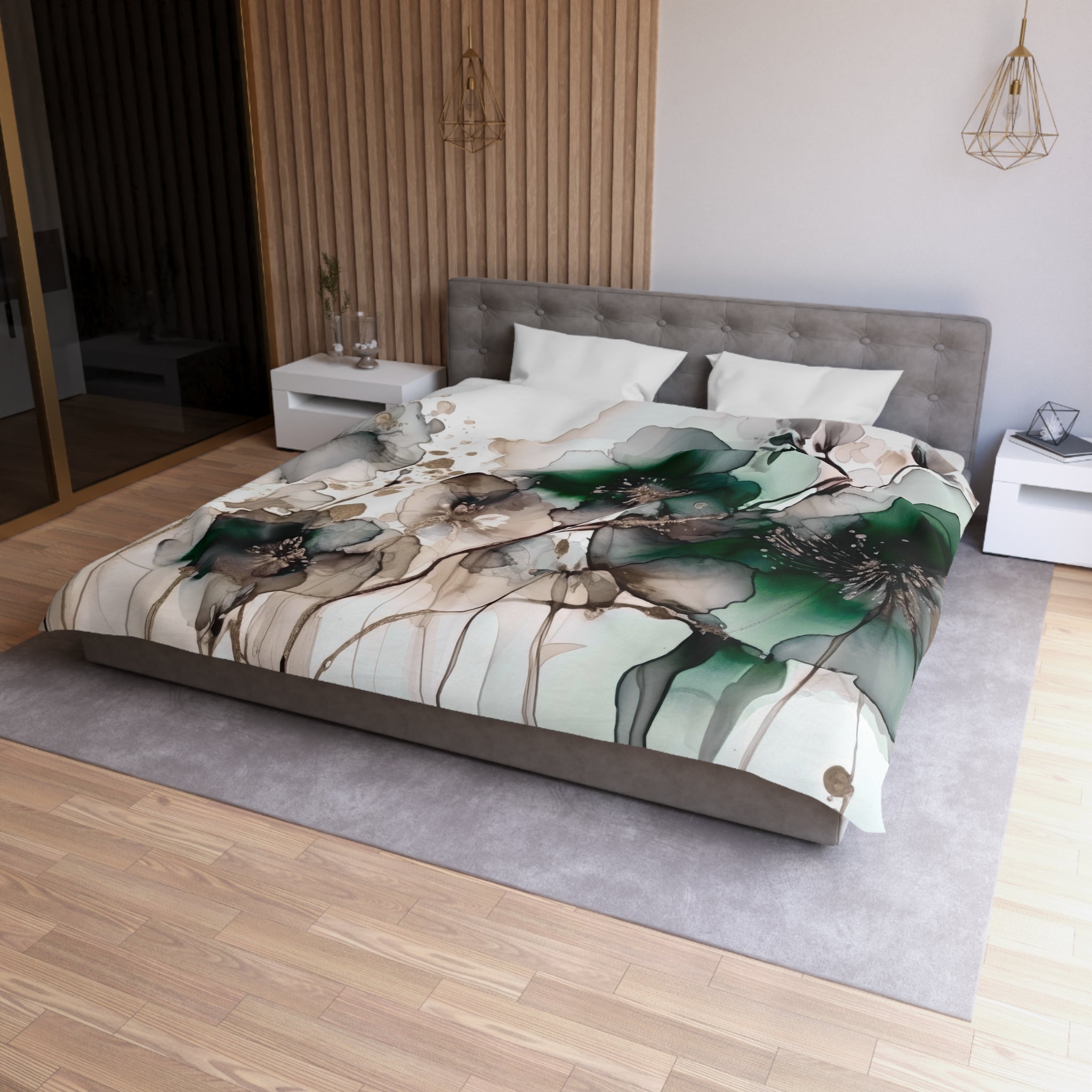 a modern bedroom with a large bed featuring a floral print comforter and pillows. The bed is positioned against a wall with a wooden panel design. The room also includes a nightstand, a pendant light, and a mirror.