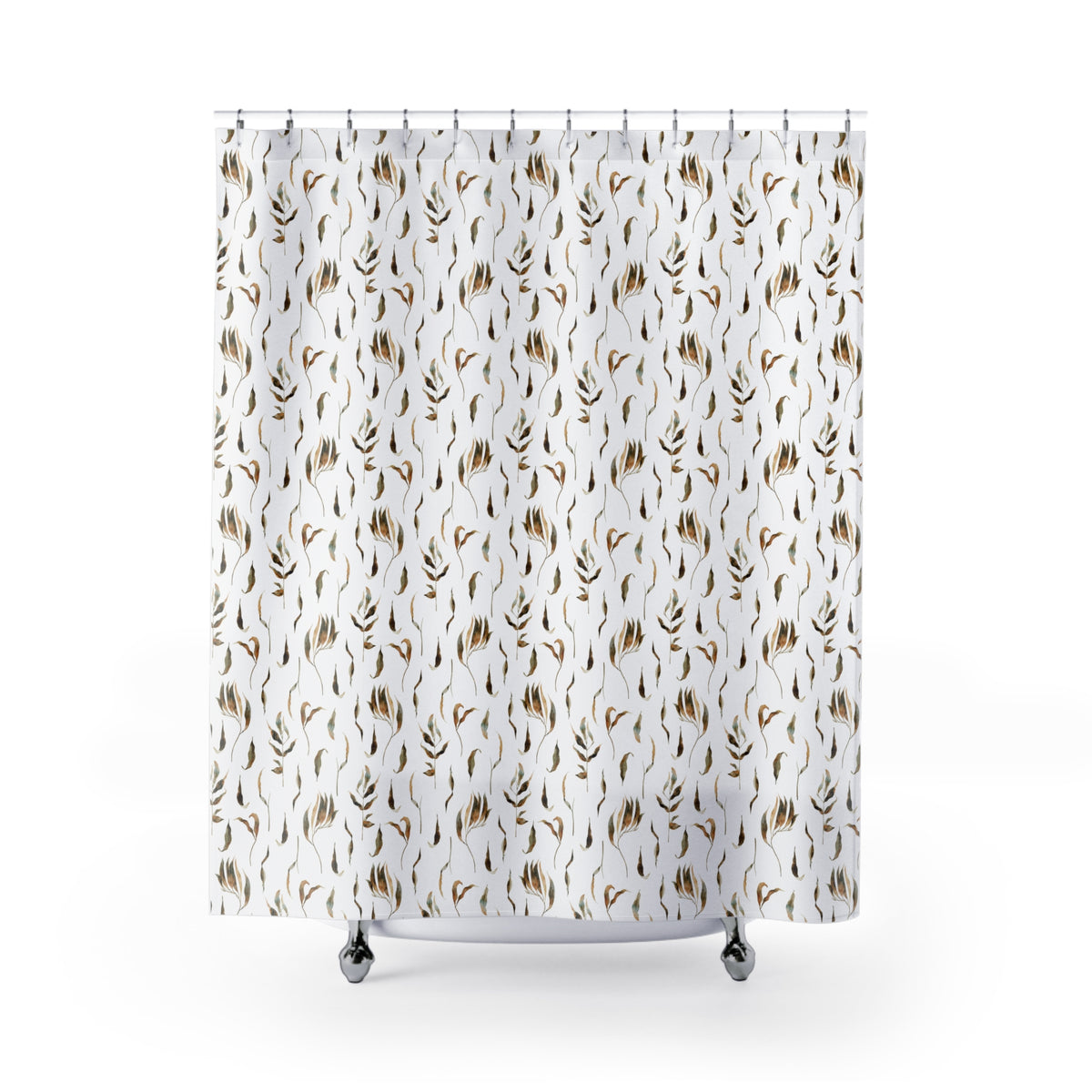 a white shower curtain with a repeating pattern of brown leaves and flowers.