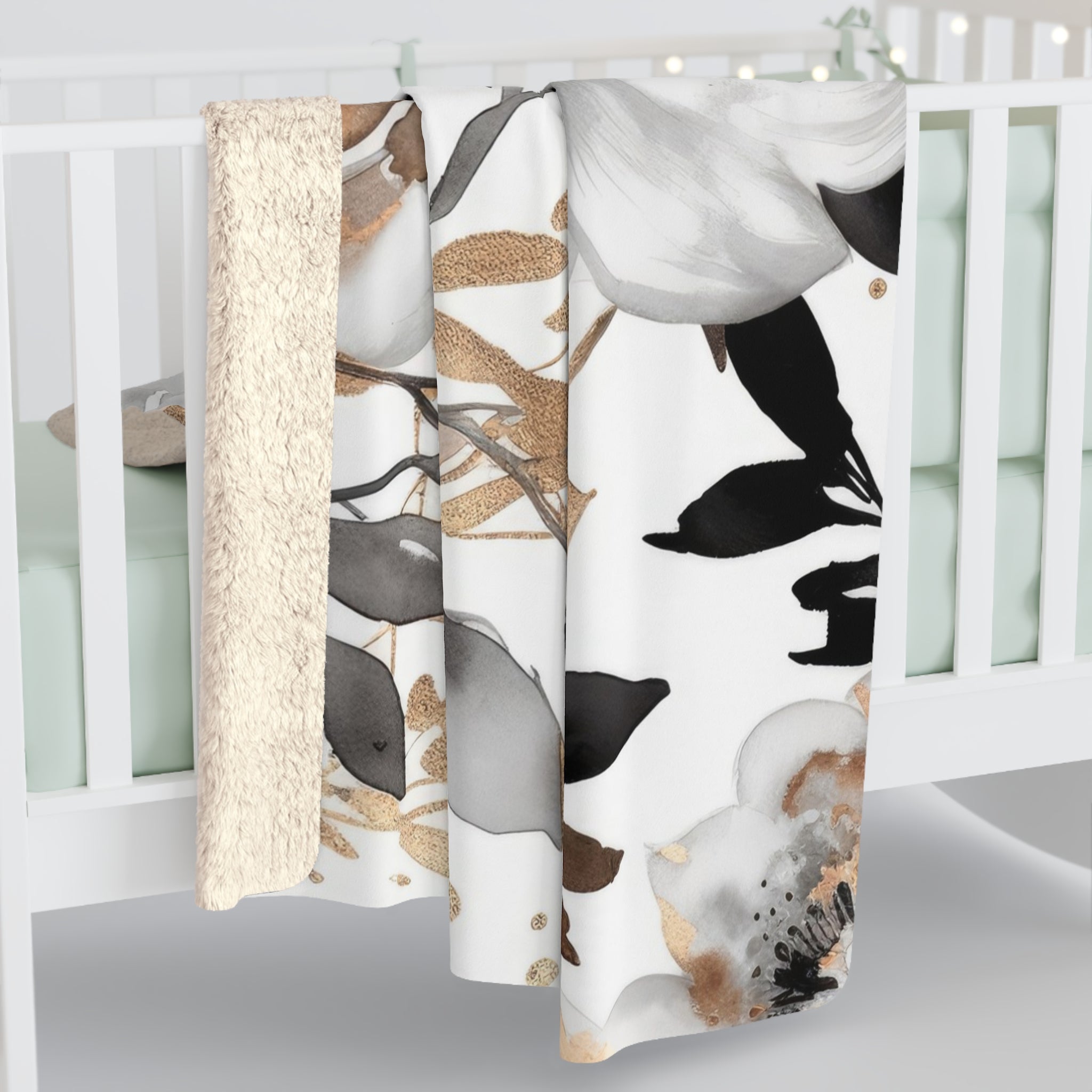 Abstract Floral Throw Blanket | Black White Beige Watercolor
