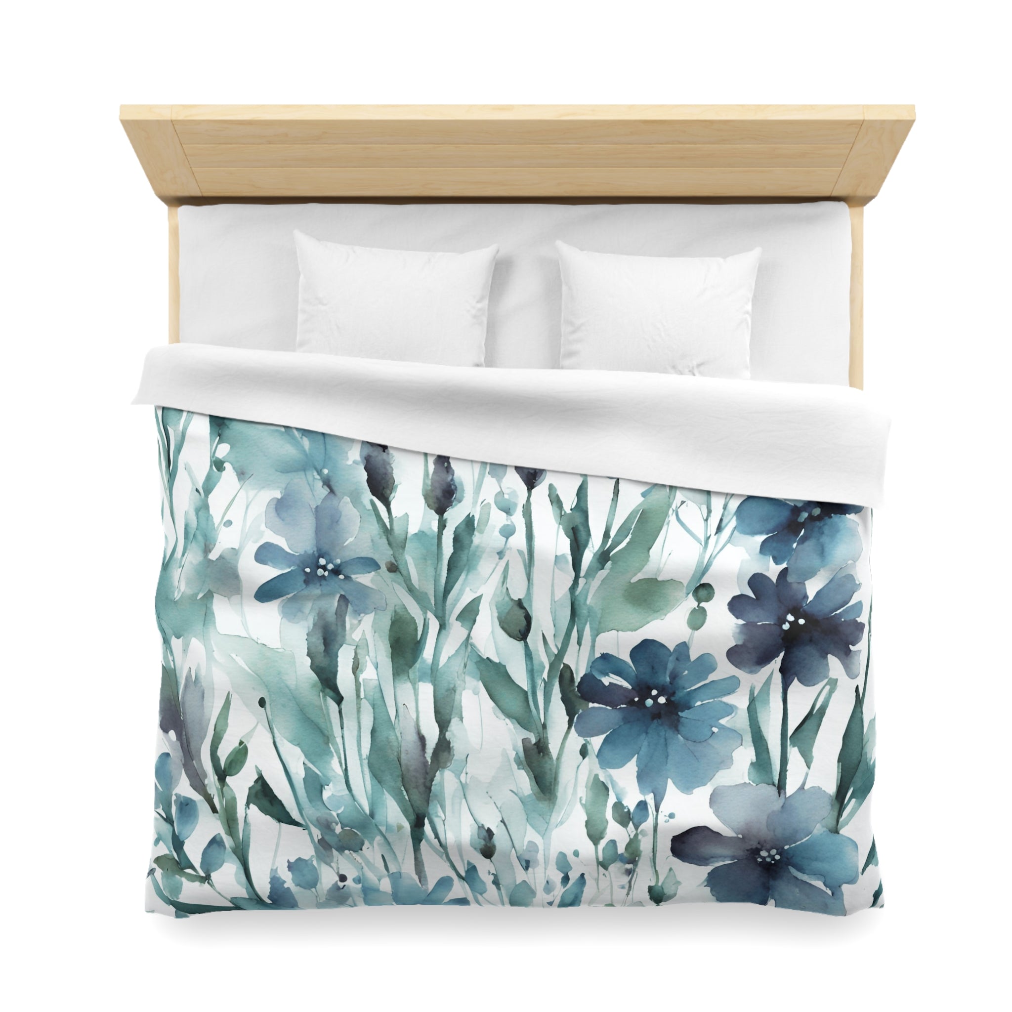 Blue, green and white wildflower floral duvet cover in a bright contemporary bedroom