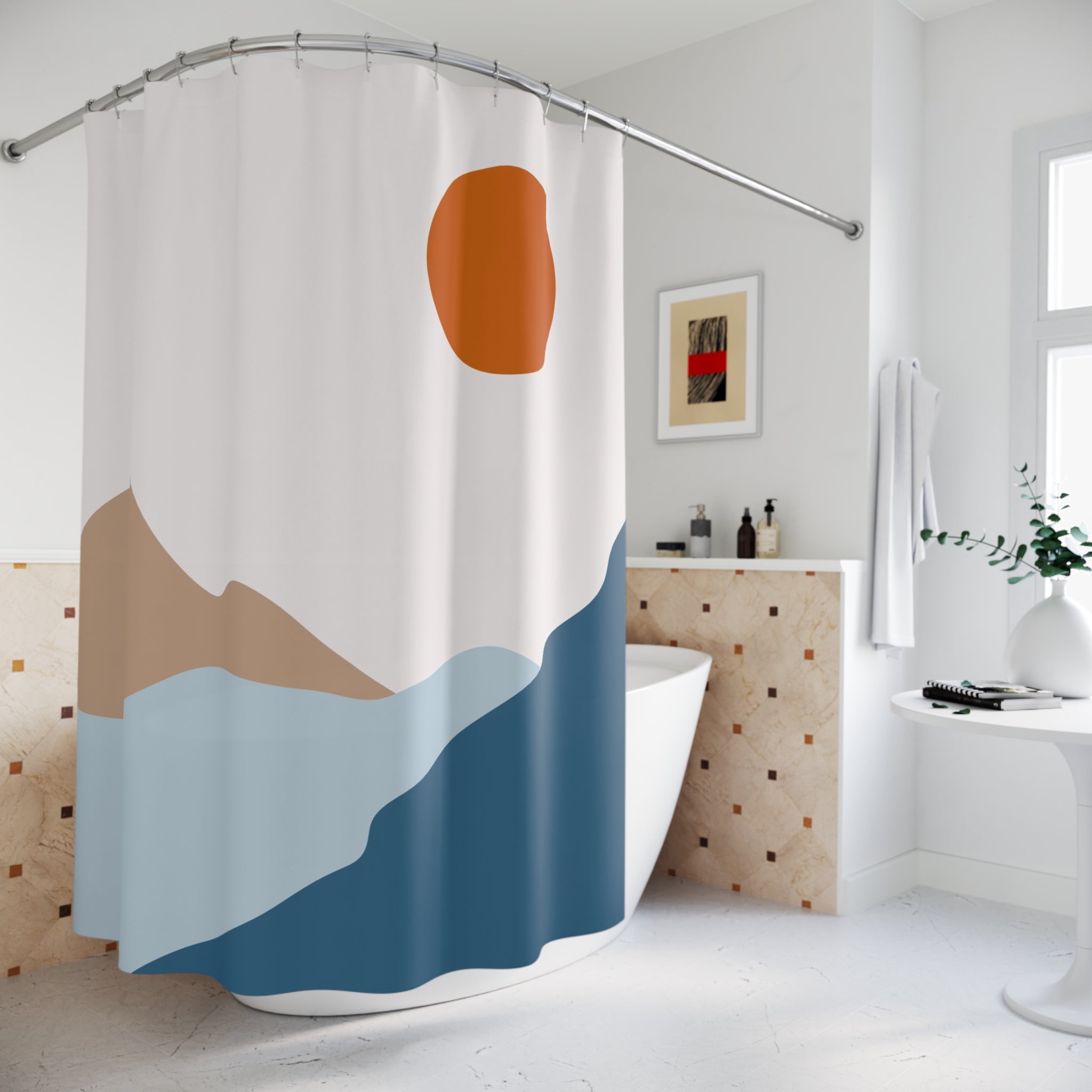 Boho Shower Curtain | Blue Beige Red Abstract Landscape