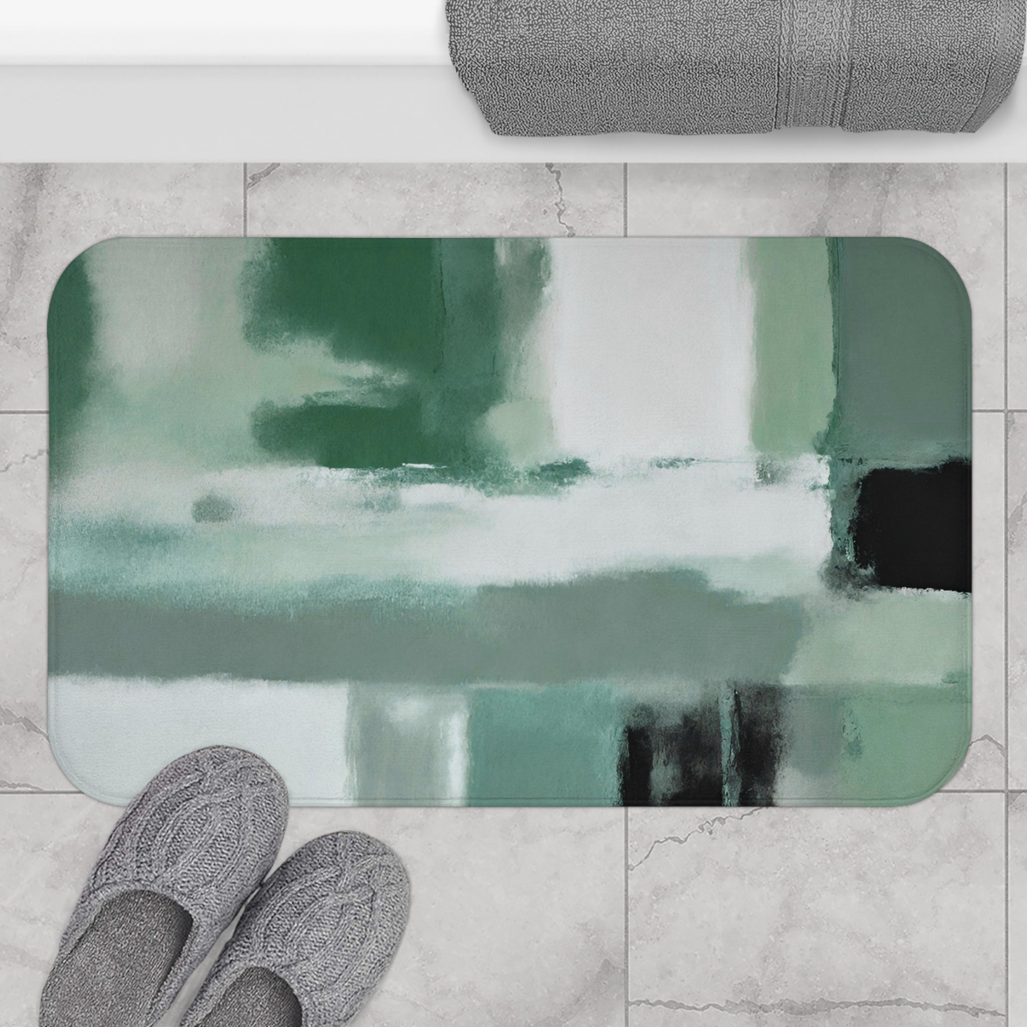 Boho Abstract Bath Mat | Sage Green, Grey Black Kitchen Mat