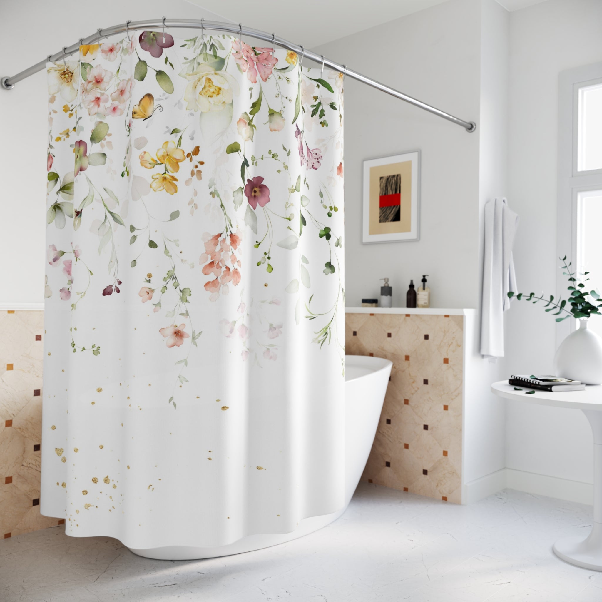 Boho Shower Curtain | White Floral Fabric Curtain