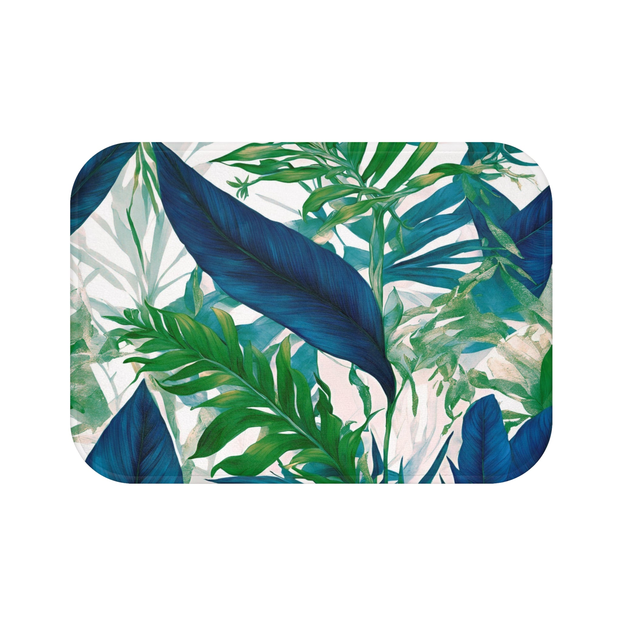 Tropical Floral Bath, Kitchen Mat | Coastal Indigo Blue, Emerald Green