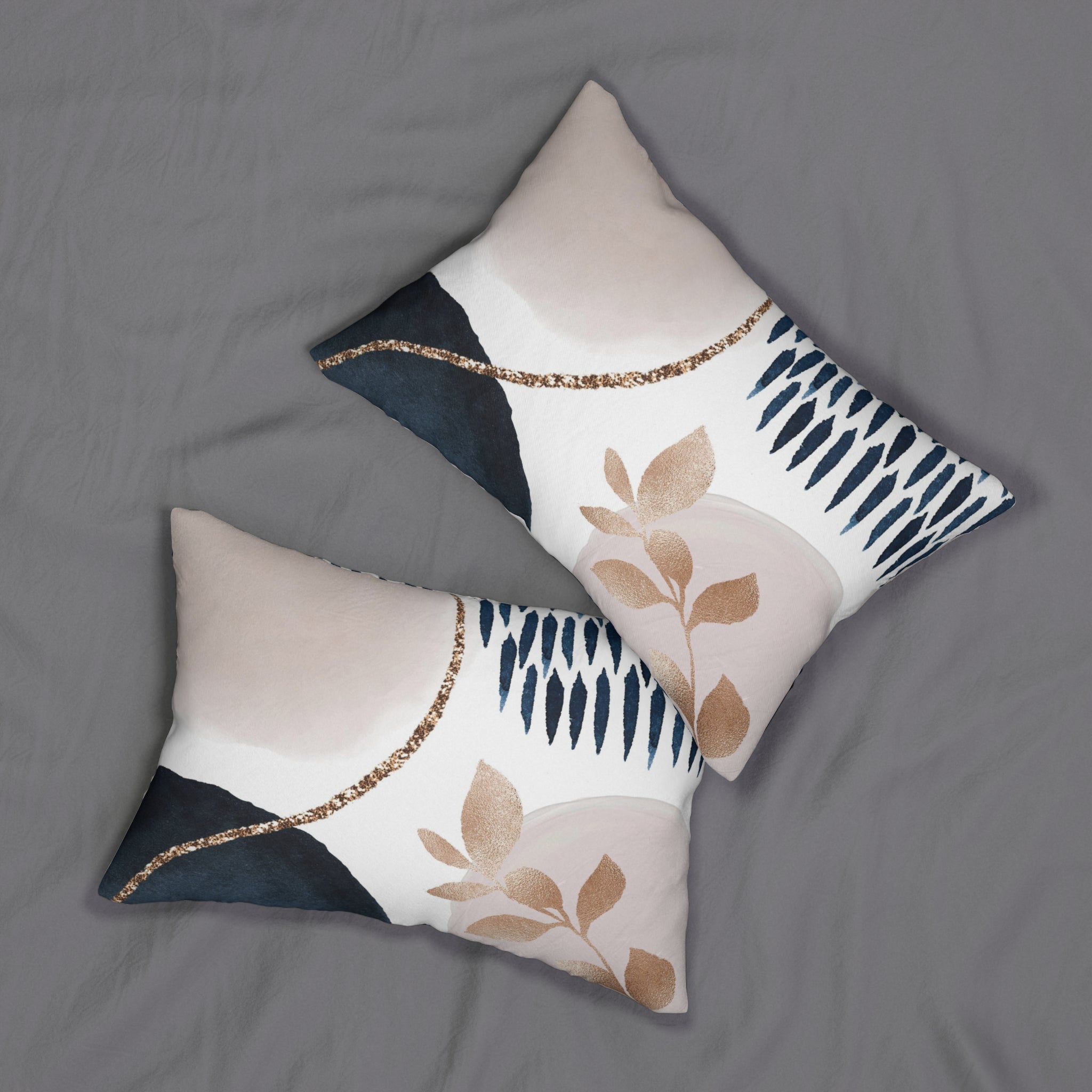 Abstract Lumbar Pillow | Navy Blue White, Blush Beige Gold Leaf