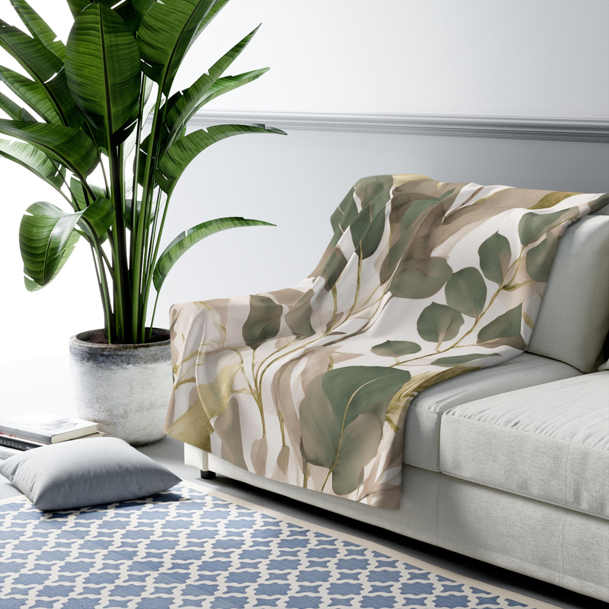 Comfy Blanket | Floral Beige, Sage Green Leaves