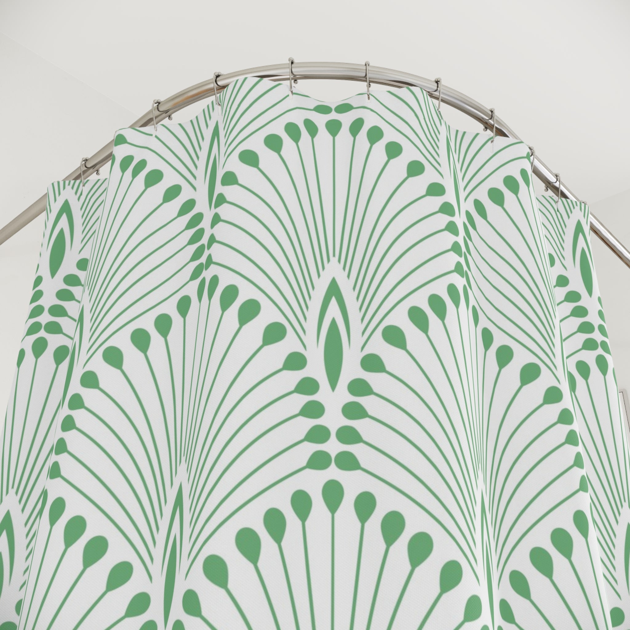 Boho Shower Curtain | Vintage Sage Green White Art Deco Crane