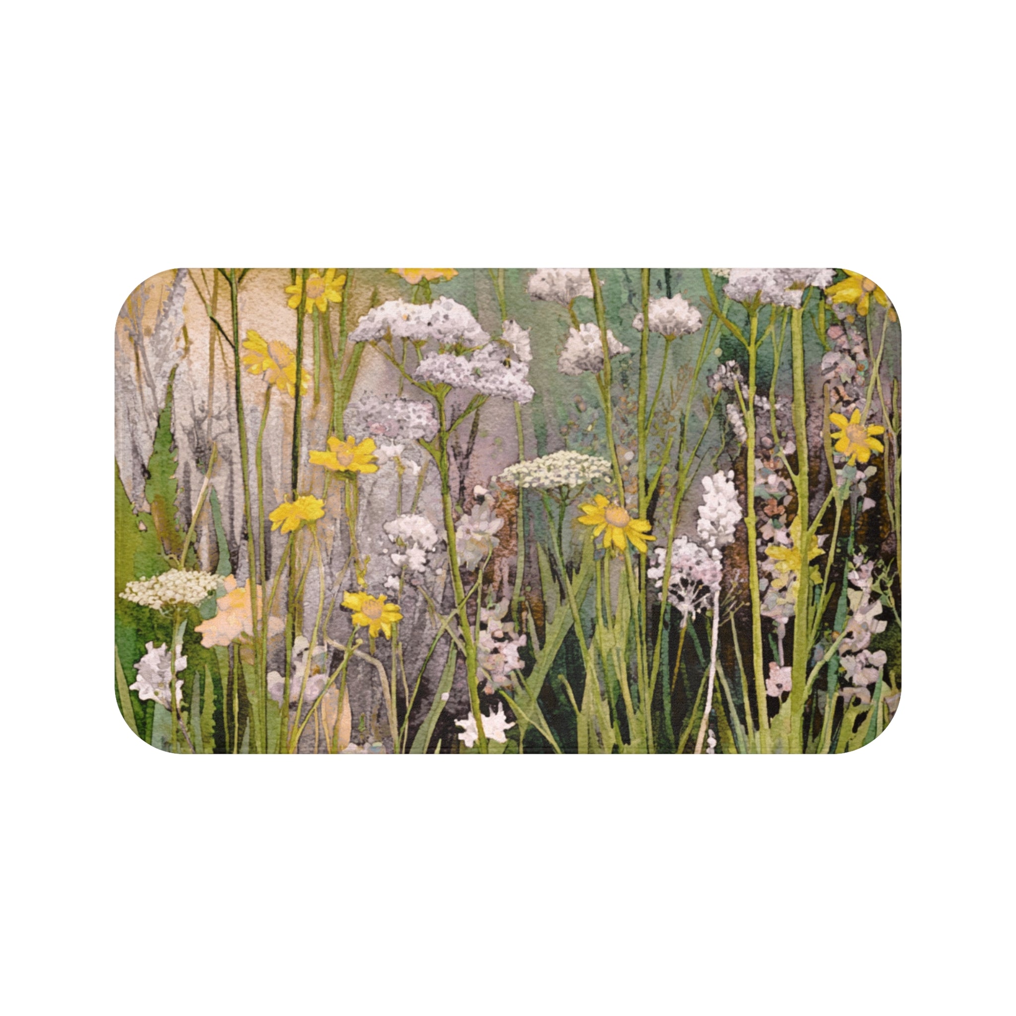 Abstract Floral Bath Mat | Yellow Green Watercolor Kitchen Mat