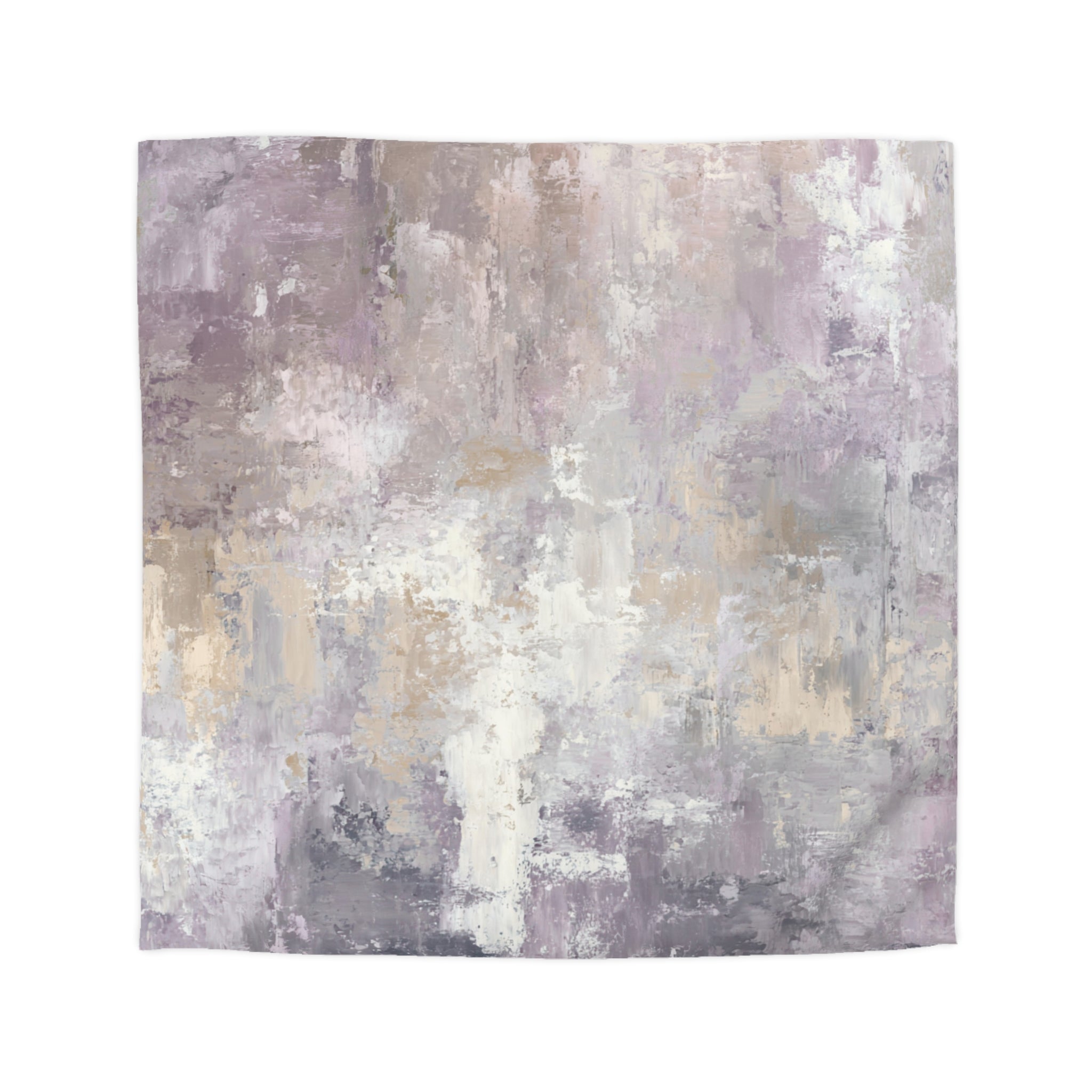 The image is an abstract painting with a textured, layered appearance in shades of purple and gray.