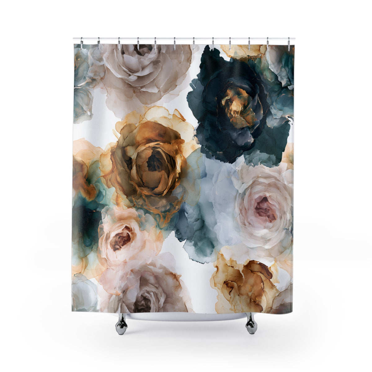 Teal Rust Vintage Rose Shower Curtain, Bath Curtain 71x74