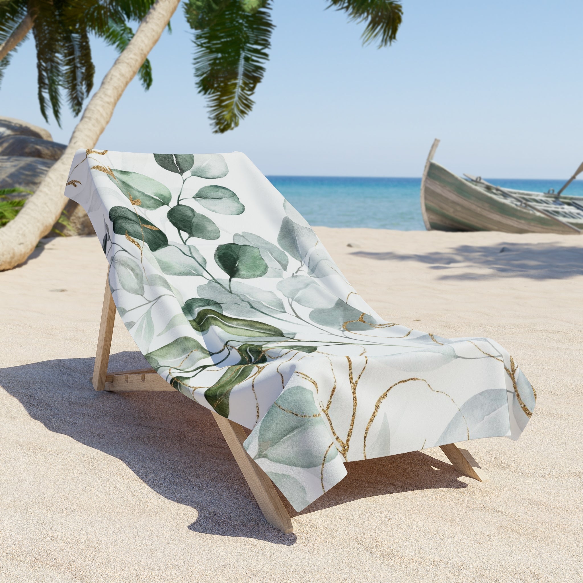 Floral Bath Beach Towel | White Sage Green Leaves