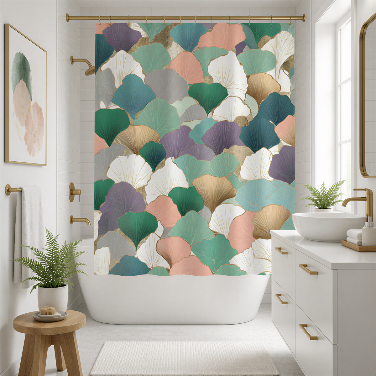 a bathroom with a colorful, abstract floral pattern on the shower curtain. The shower curtain is white and features a variety of colors and shapes, including shades of green, pink, and purple. The bathroom also includes a sink, a mirror, and a wooden stool.