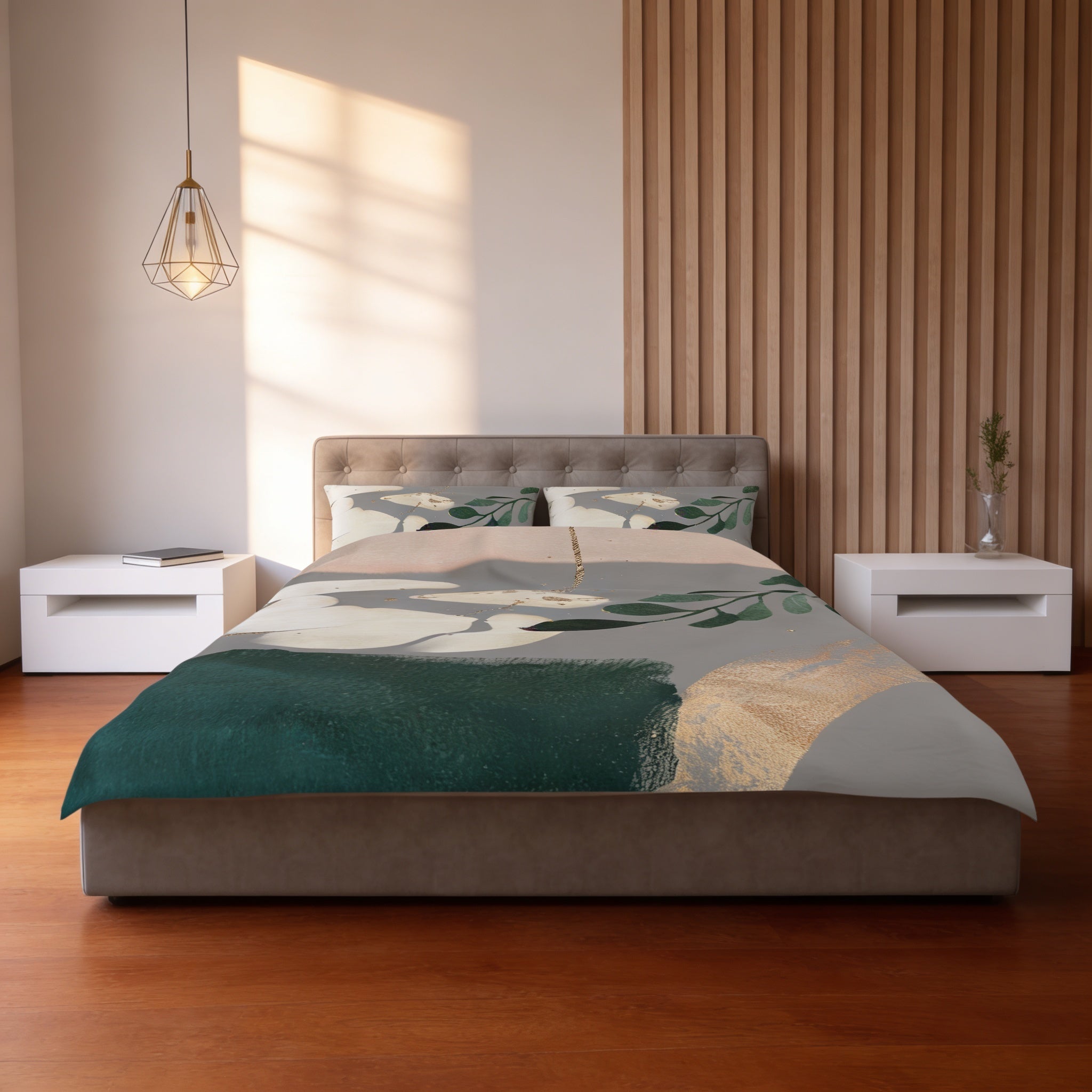a modern bedroom with a large bed, white nightstands, and a wooden wall. The bed has a green and white patterned comforter and pillows. The room has a minimalist and clean design, with a pendant light hanging above the bed and a vase of greenery on one of the nightstands.