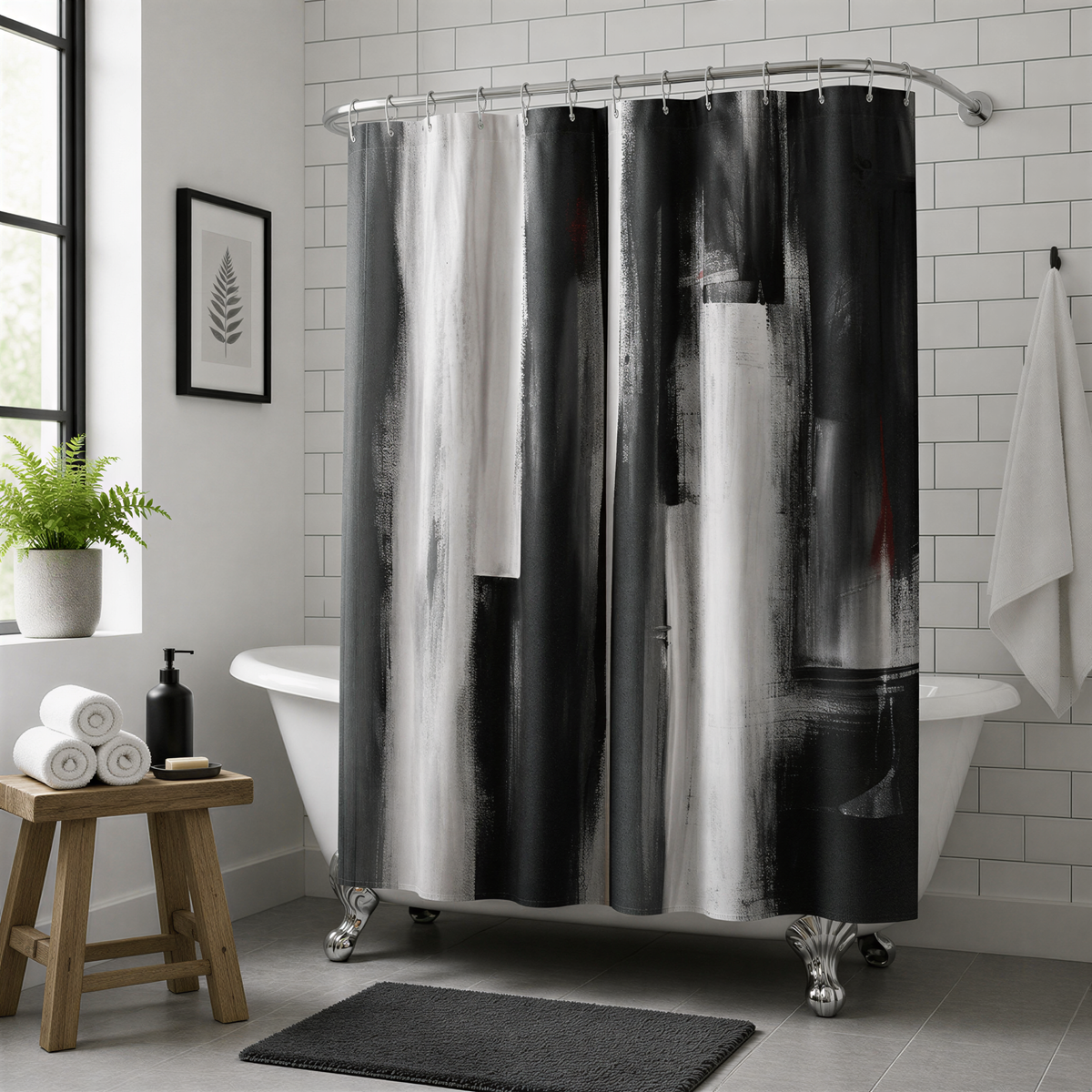 a modern bathroom with a black and white abstract shower curtain, a white bathtub, and a wooden stool.