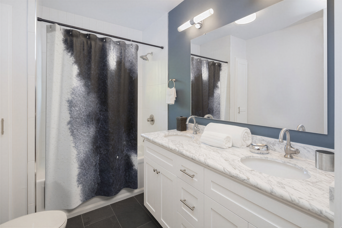 Abstract Shower Curtain Navy White close-up of fabric pattern