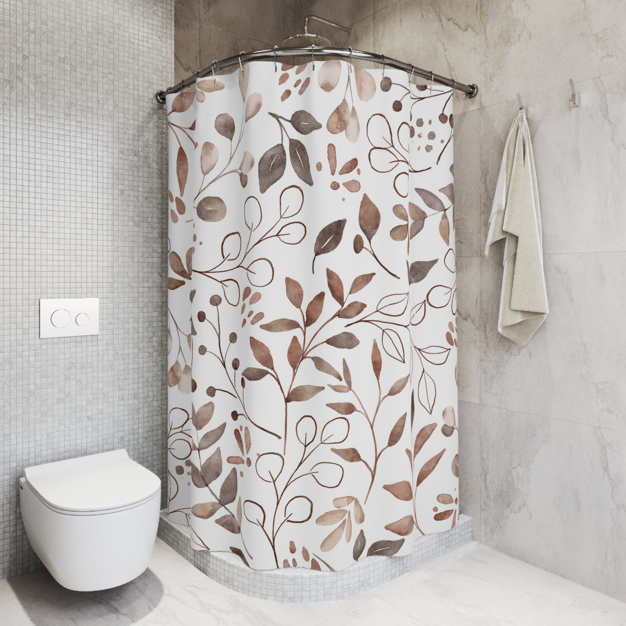 Boho Shower Curtain | Abstract Floral Leaves, Brown White
