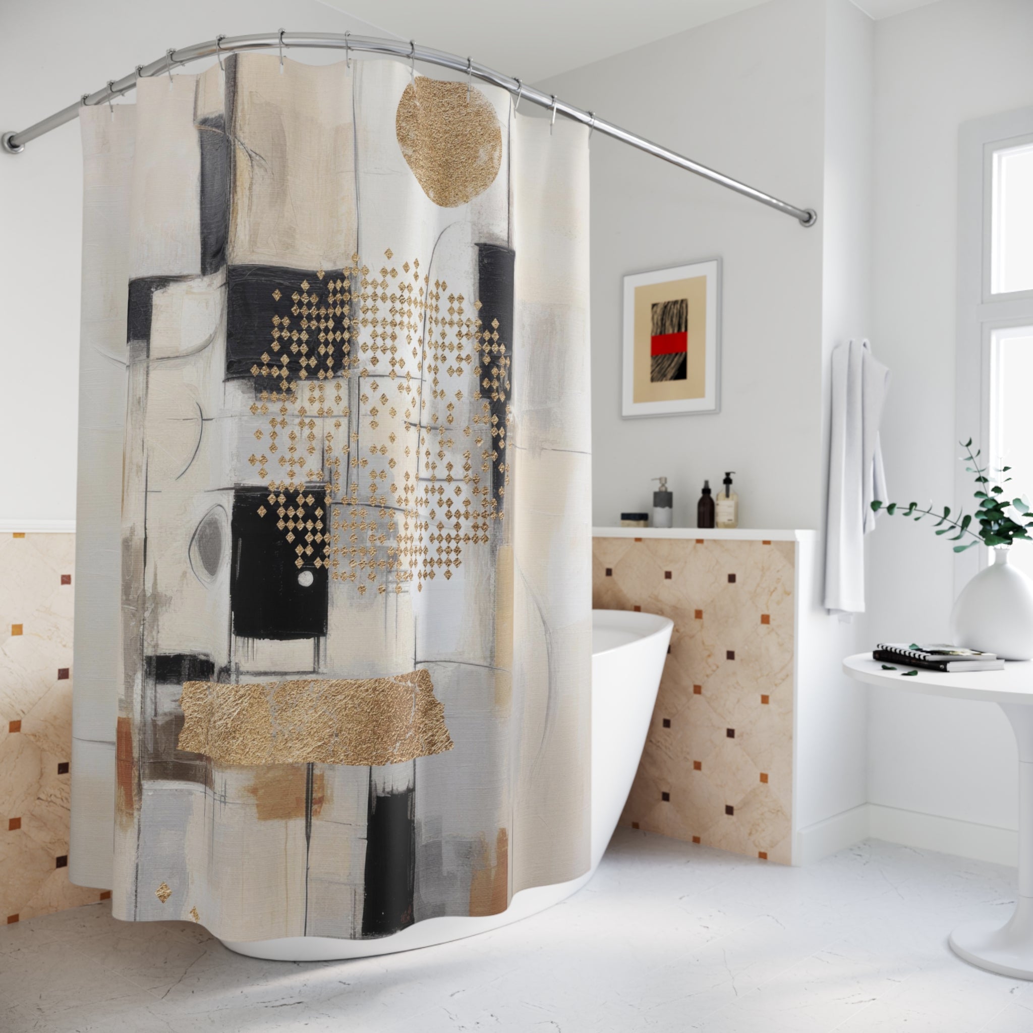 Abstract Shower Curtain | Beige Black Geometric Bathroom Decor