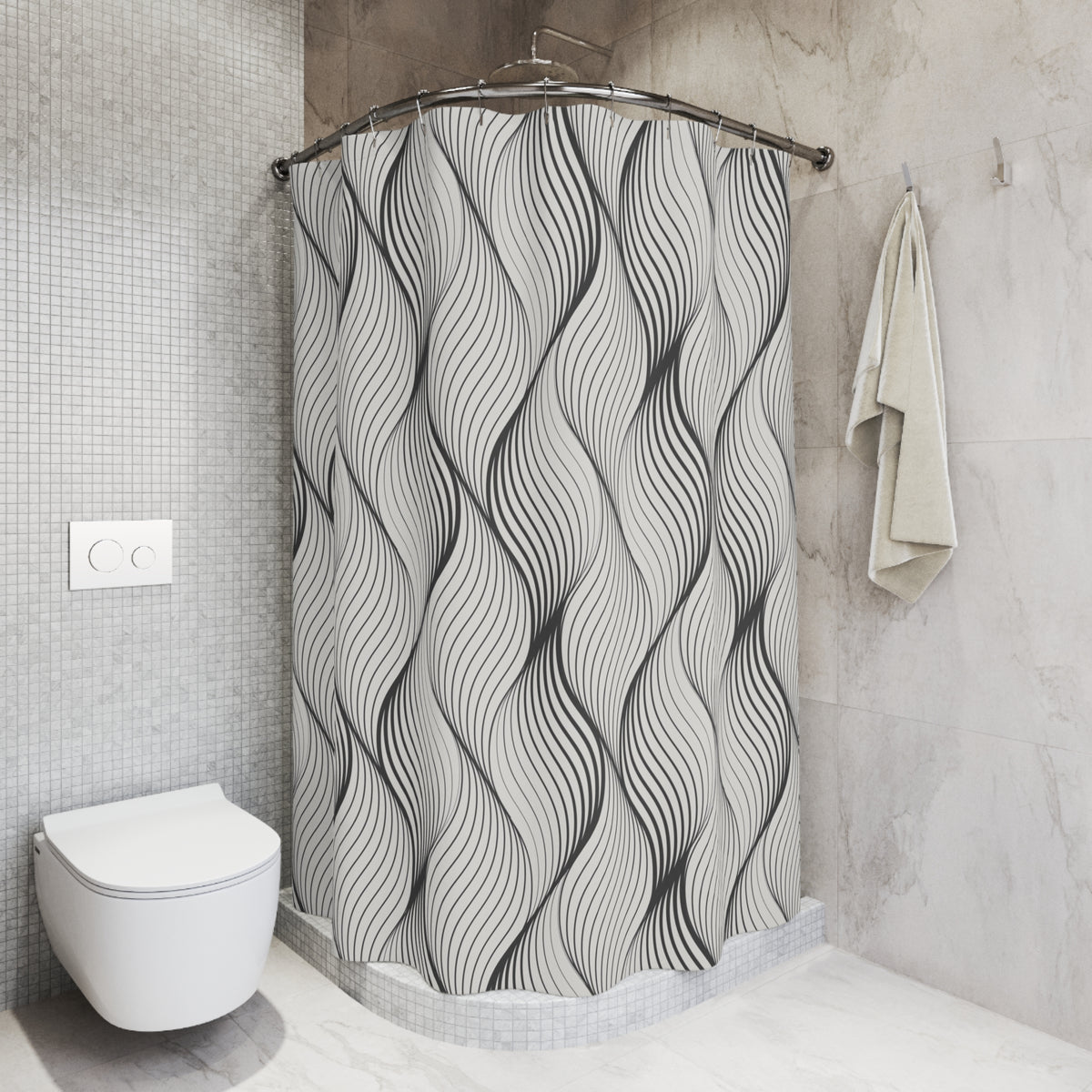 a modern bathroom with a shower curtain featuring a black and white abstract design. The shower curtain is hanging from a rod next to a towel. The bathroom has a white toilet and a tiled wall, creating a clean and minimalist aesthetic.