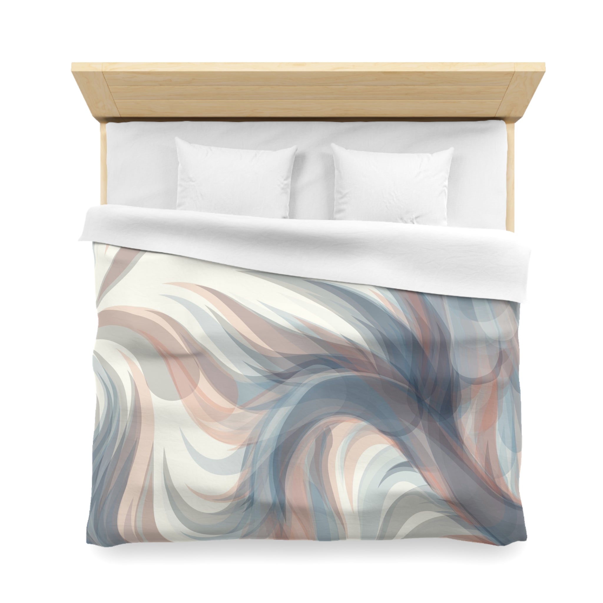 a bed with a white comforter and pillows, featuring a colorful abstract pattern on the comforter.