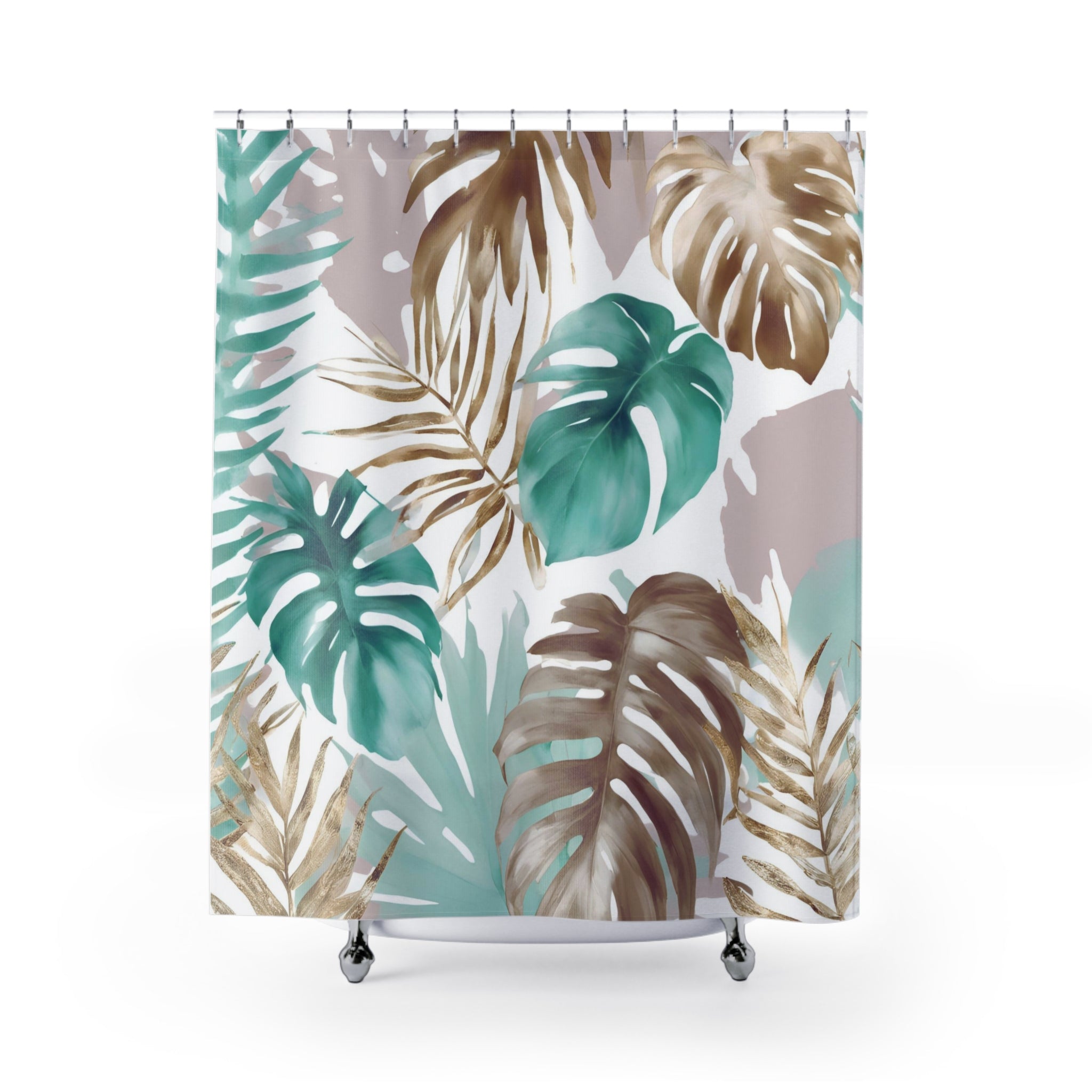 Floral boho, fabric shower curtain | Green, beige, white bath curtain