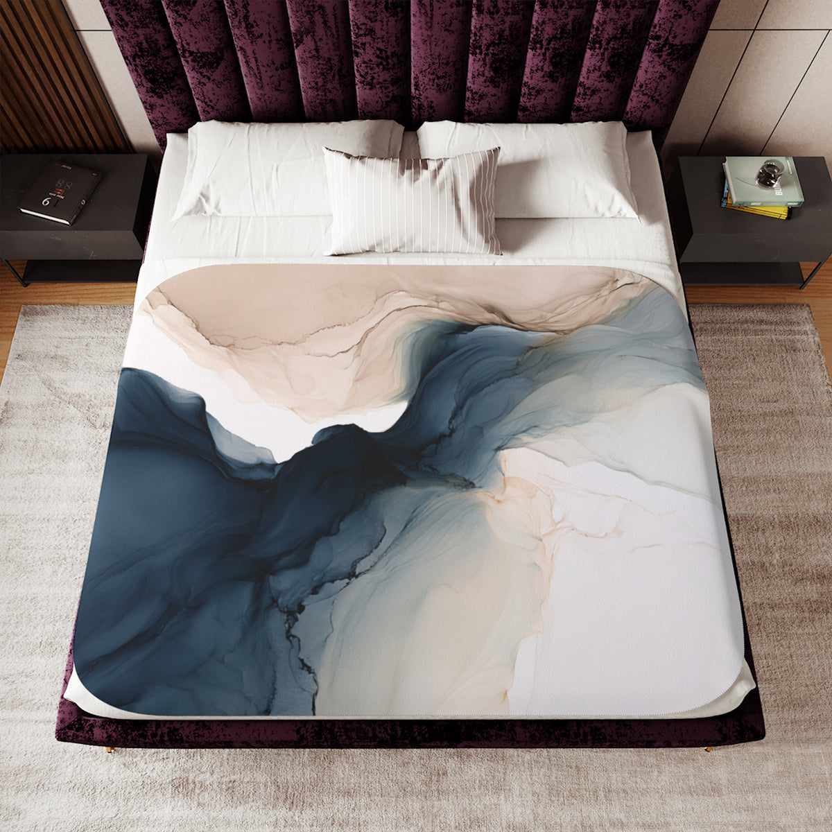 a bed with a purple and white comforter on top of it