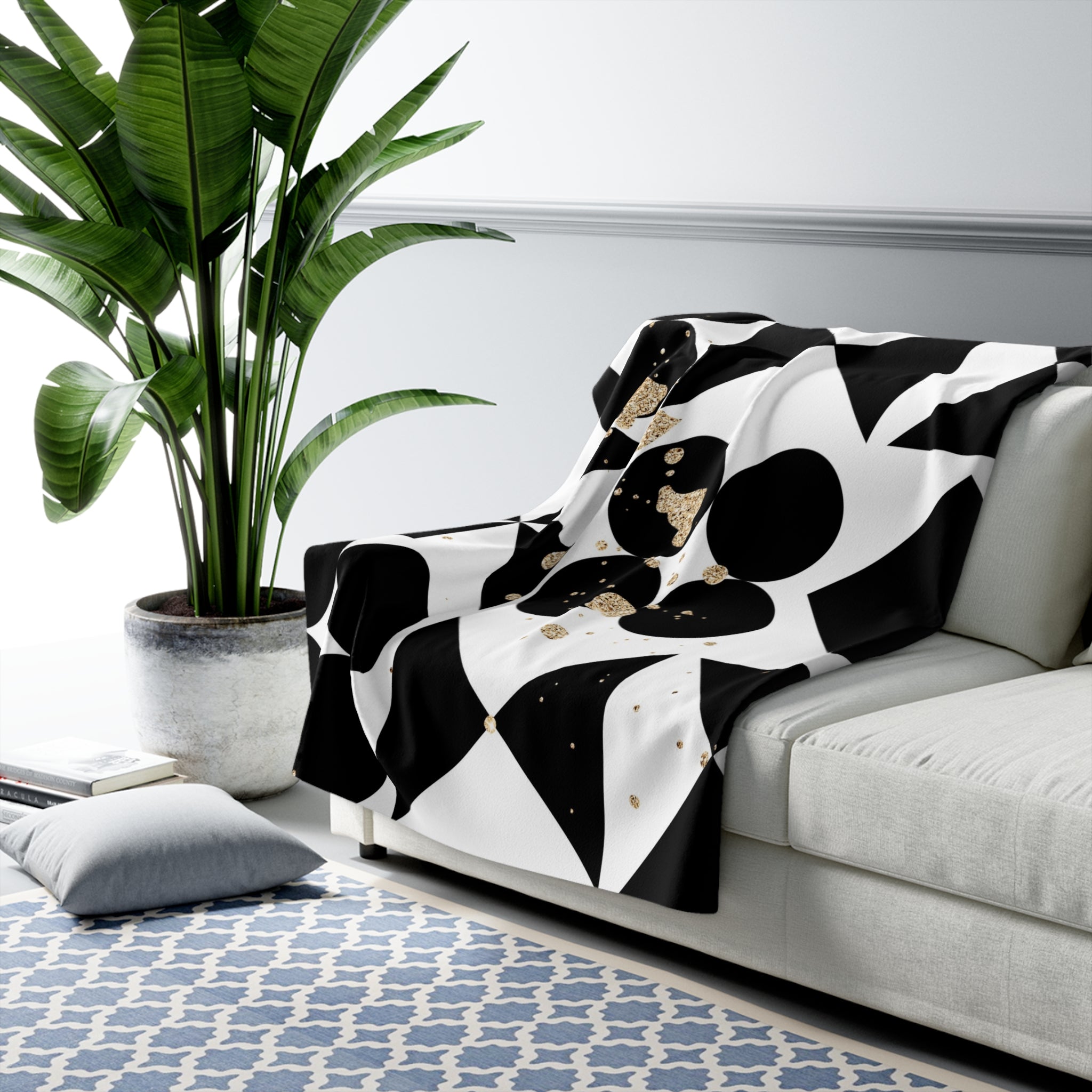 Mid Century Throw Blanket | Black White Beige, Geometric Modern Art