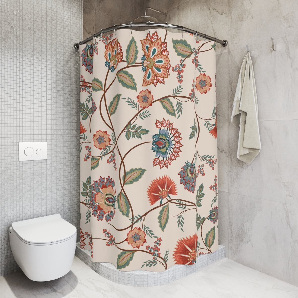 a bathroom with a shower curtain adorned with a floral pattern in shades of orange, green, and red. The shower curtain is hanging on a rod next to a towel, and there is a toilet visible in the corner of the room.