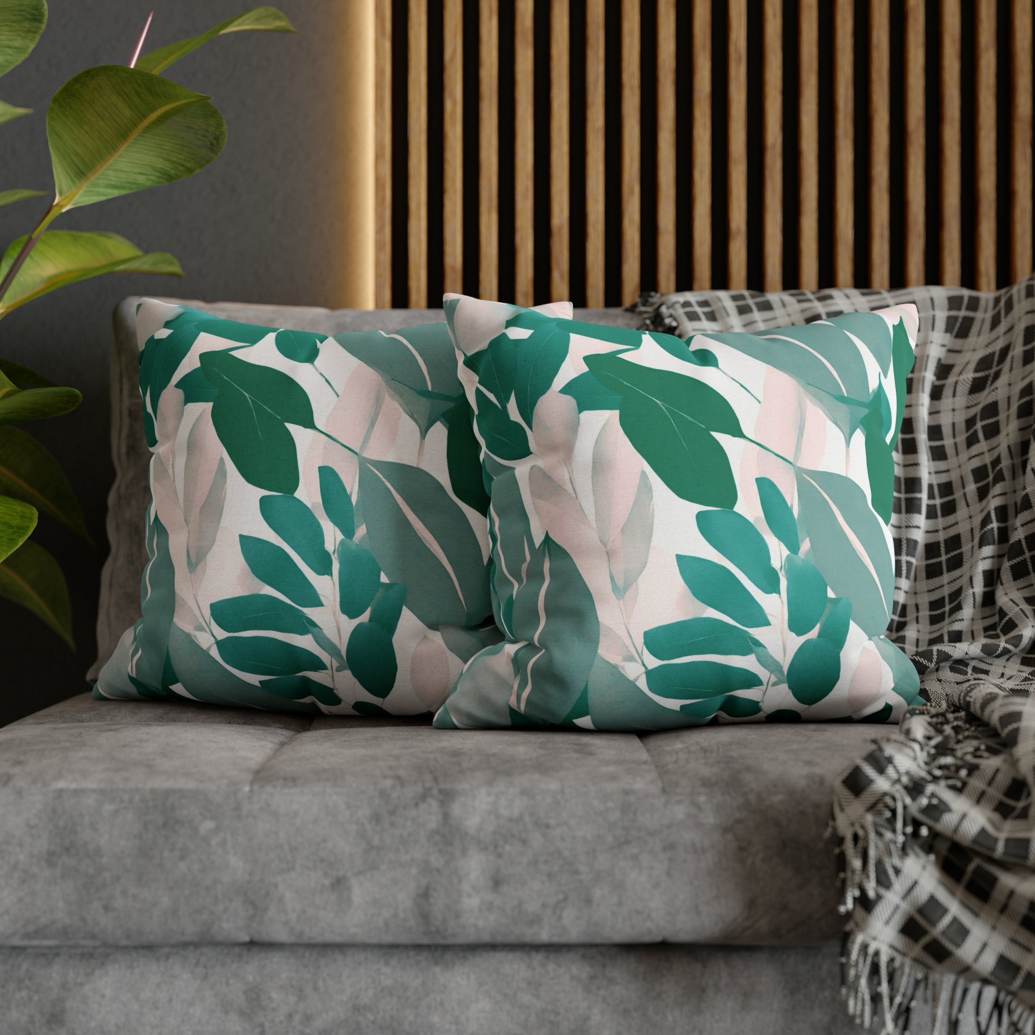 Floral Pillow Cover | Teal Sage Green, White Blush Green Leaves