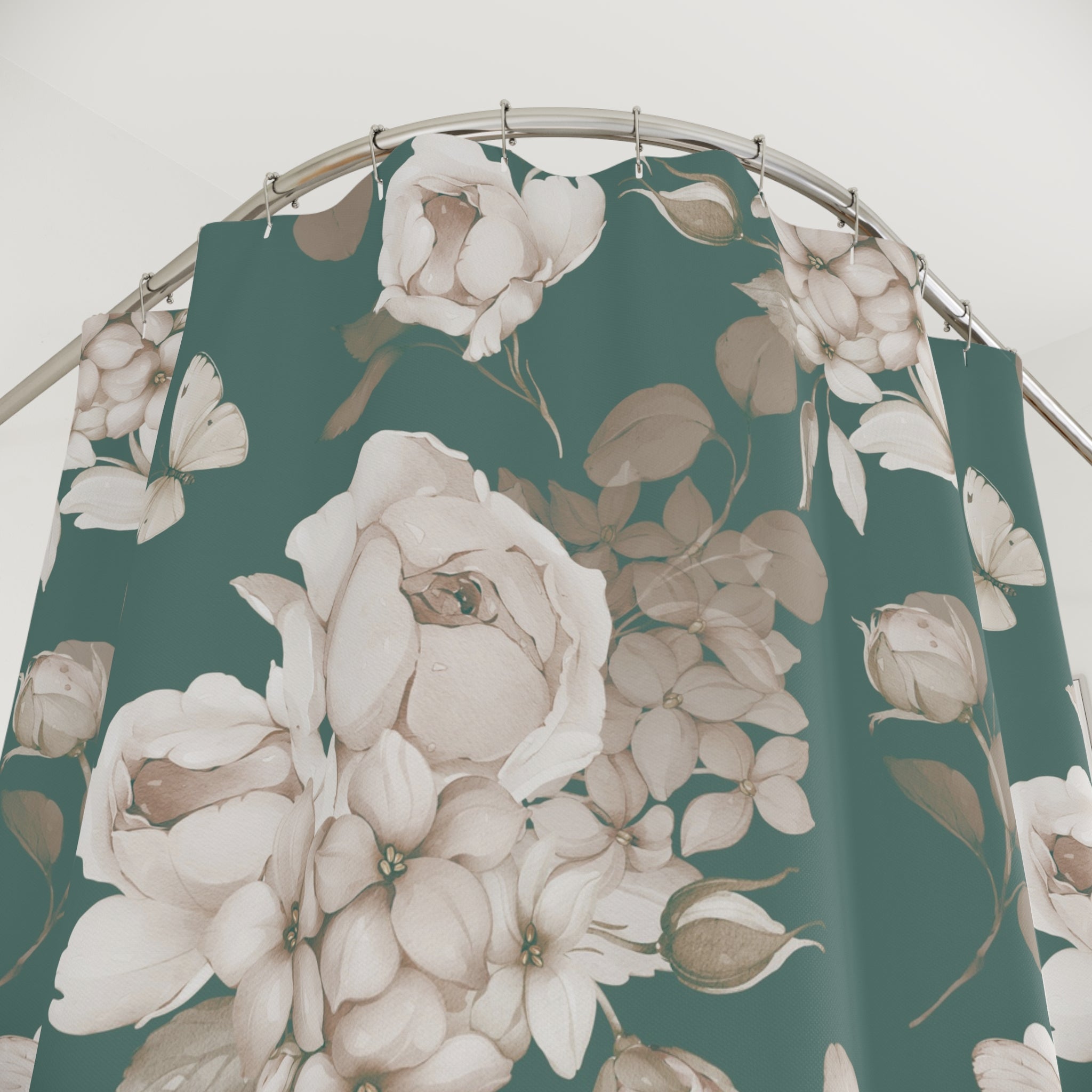 Vintage Teal Floral Shower Curtain with Butterflies | Cream Botanical Bathroom Decor
