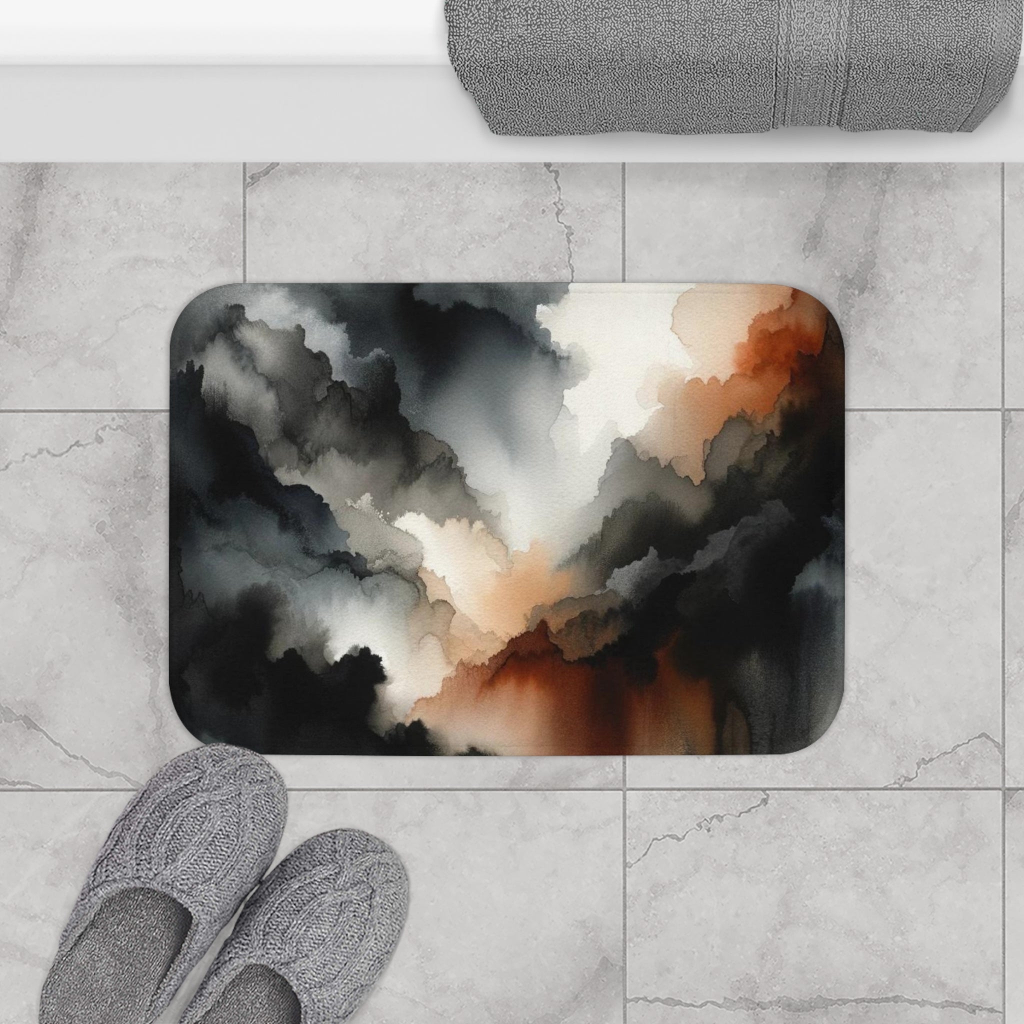 Abstract Bath Mat, Kitchen Mat | Dark Black Grey, Rust Brown