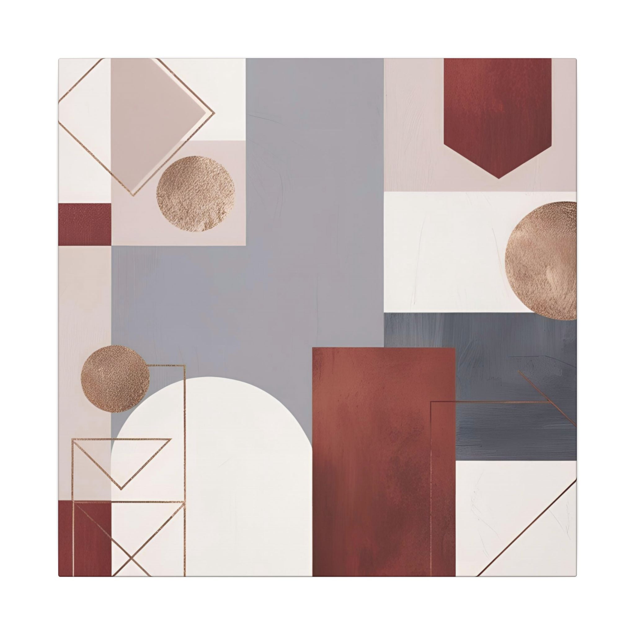 The image is a square canvas with a variety of geometric shapes and patterns, including circles, rectangles, triangles, and rectangles in different colors such as white, gray, red, and brown.